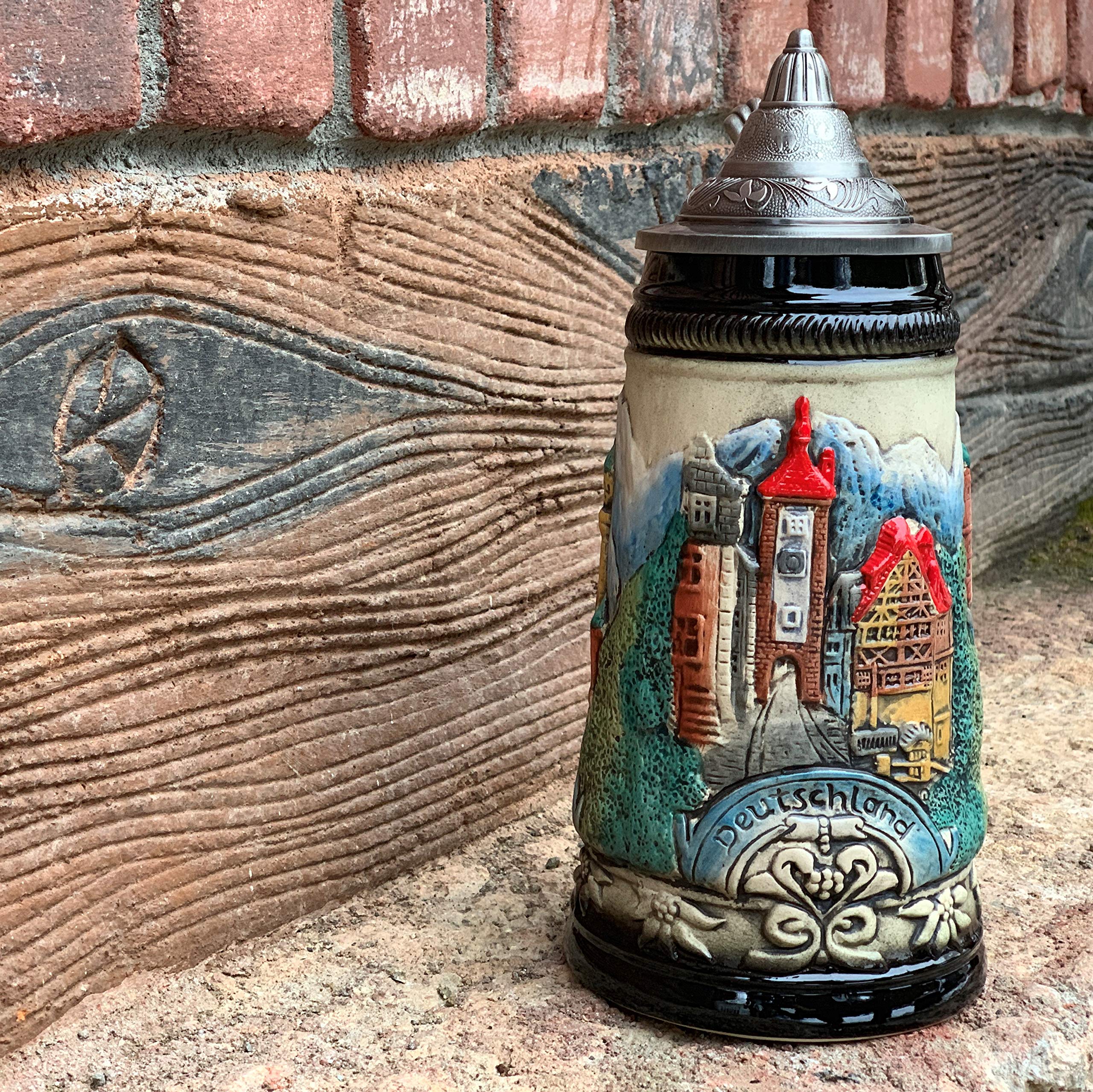 Authentic German Beer Stein 0.90 Liter - OktoberfestHaus Tankard with Alps Mountain Village & Castle Design, Lid Included | Perfect Gift for Beer Lovers, Oktoberfest Parties & Home Bar Decor | Durable Beer Mug for Men & Collectors