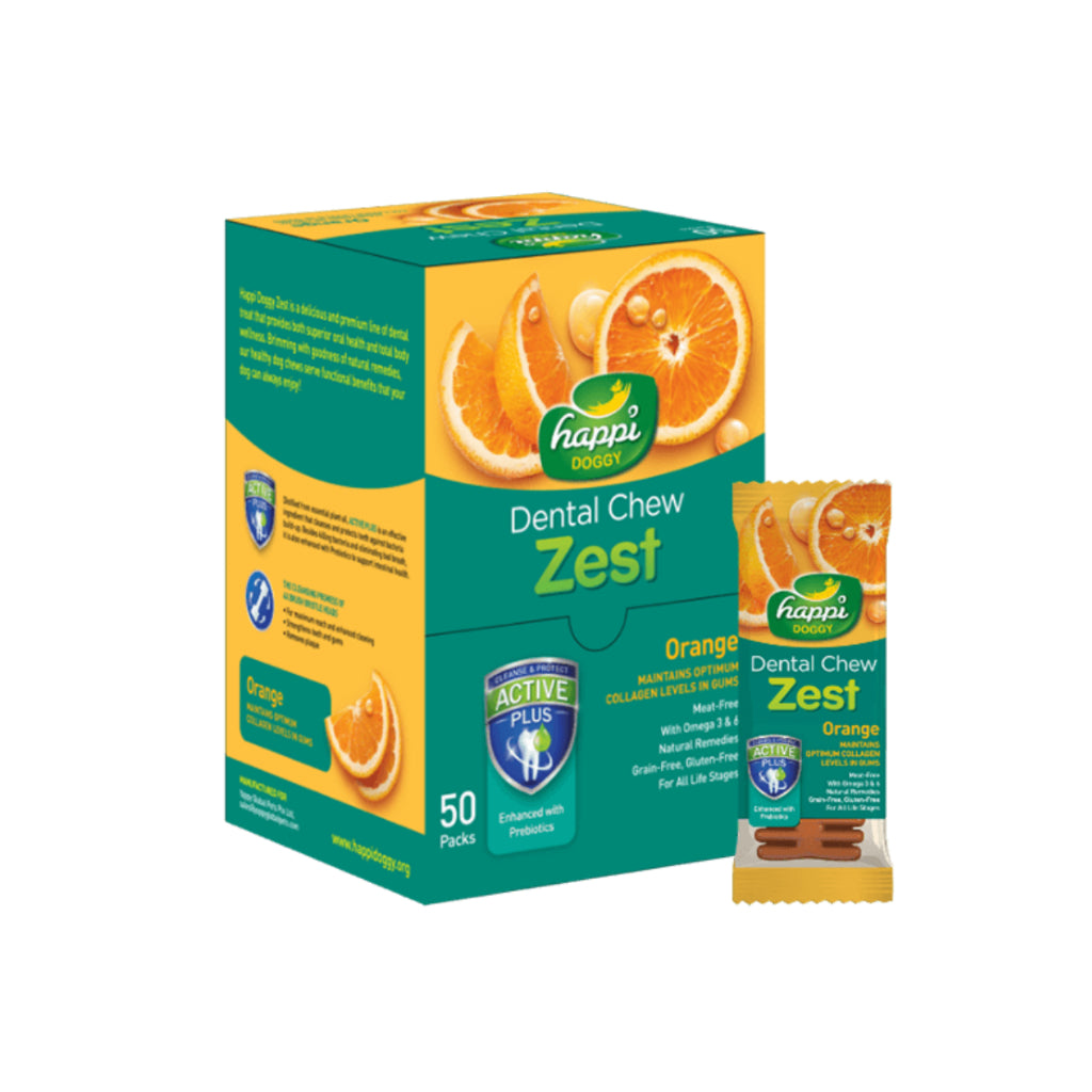 Happi Doggy Dental Chew Zest - 50 Pack Natural Grain-Free Dog Treats, 4 Inch Regular Size, 25g Each | Meat-Free, Gluten-Free | Promotes Oral Health & Fresh Breath for Dogs | Perfect for Daily Teeth Cleaning & Training Rewards