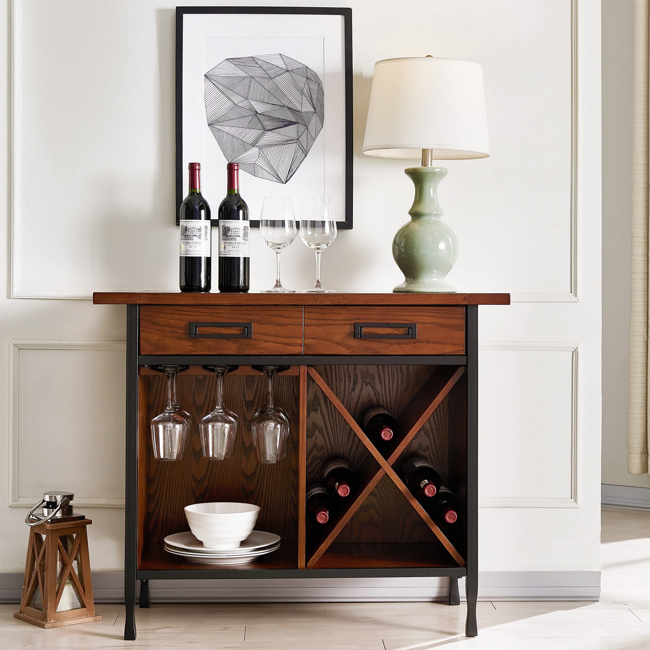 Leick Home 11240 Rustic Mini Bar with Wine Storage - Mission Oak Finish, Single Drawer for Glass & Bottle Organization - Perfect for Living Room, Home Bar, or Dining Room Decor