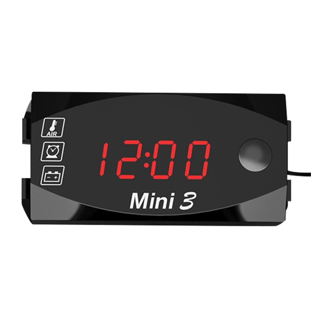 6V-30V 3-in-1 Digital Motorcycle Gauge - Waterproof IP67 Clock, Thermometer & Voltmeter for Car, Boat & Marine Battery Monitoring (Red Light/Black) - Perfect for Outdoor Adventures & Vehicle Maintenance