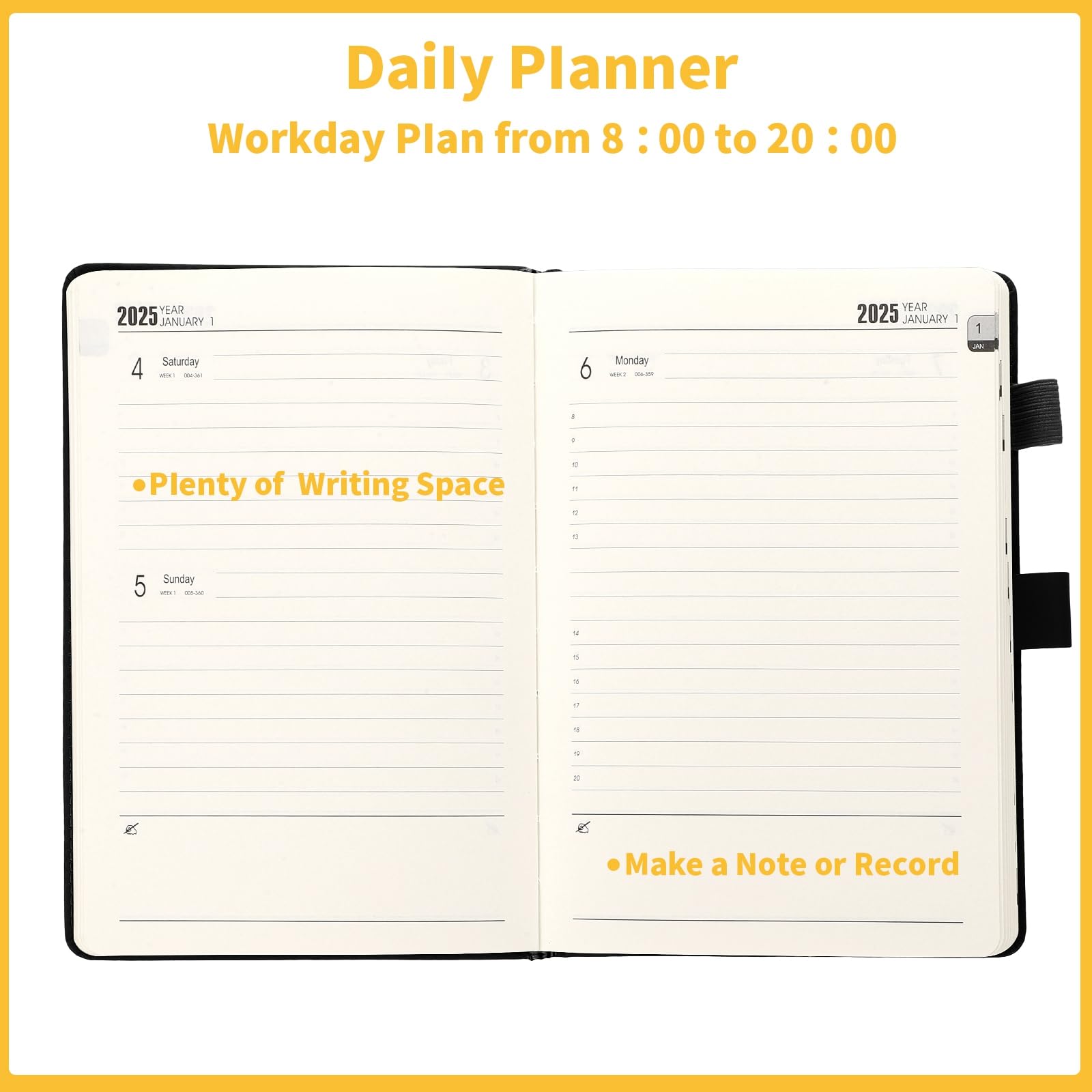 2025 Daily Planner A5 Size - Jan to Dec 2025 Academic Diary with Leather Cover & Stickers | 360 Pages 80GSM Paper | 21x14cm Black | Perfect for Students, Professionals & Gift Giving