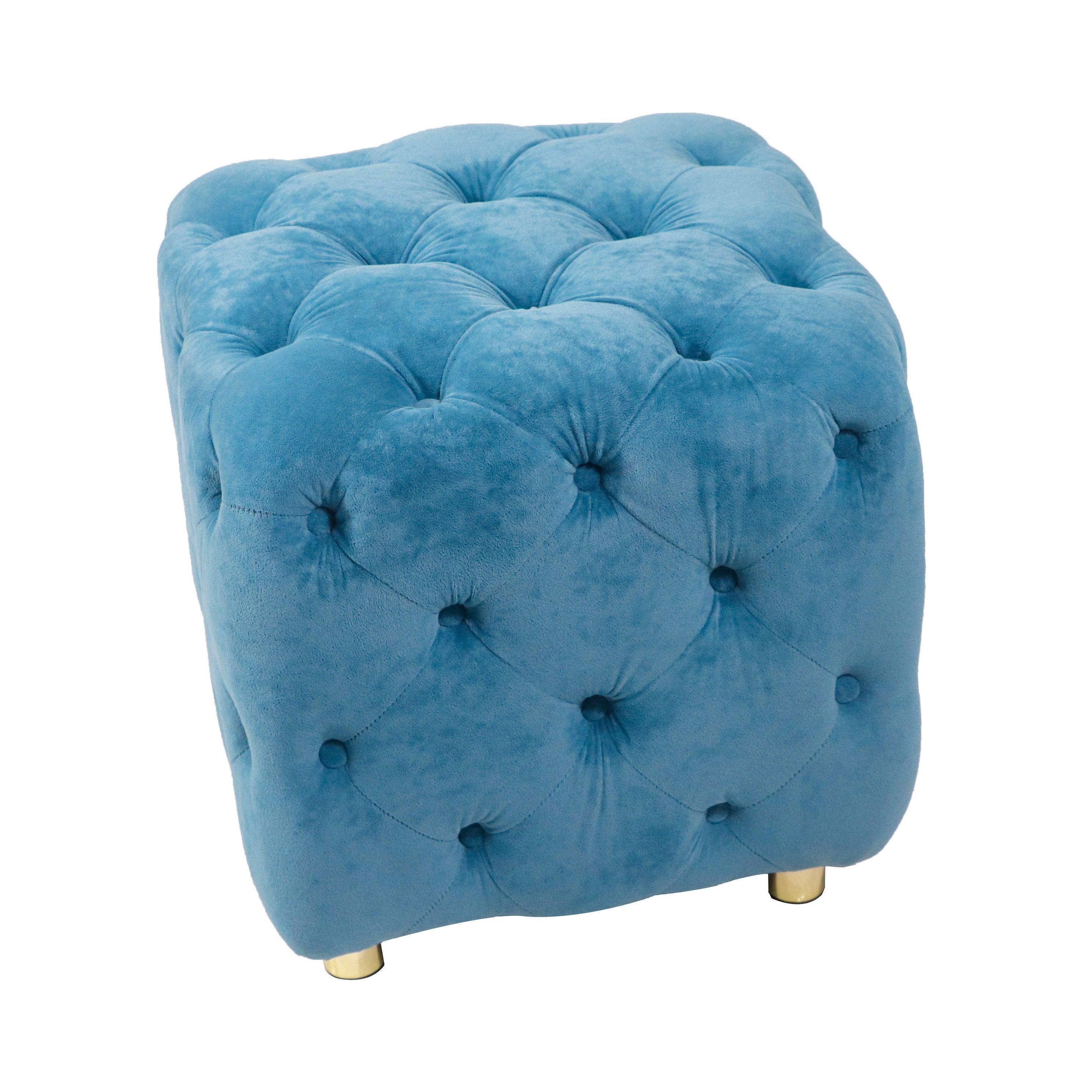 Blue Modern Velvet Upholstered Ottoman - Small End Table & Soft Foot Stool | Dressing Makeup Chair with Comfortable Seat for Living Room, Bedroom & Entryway | Perfect for Lounging, Storage & Home Decor
