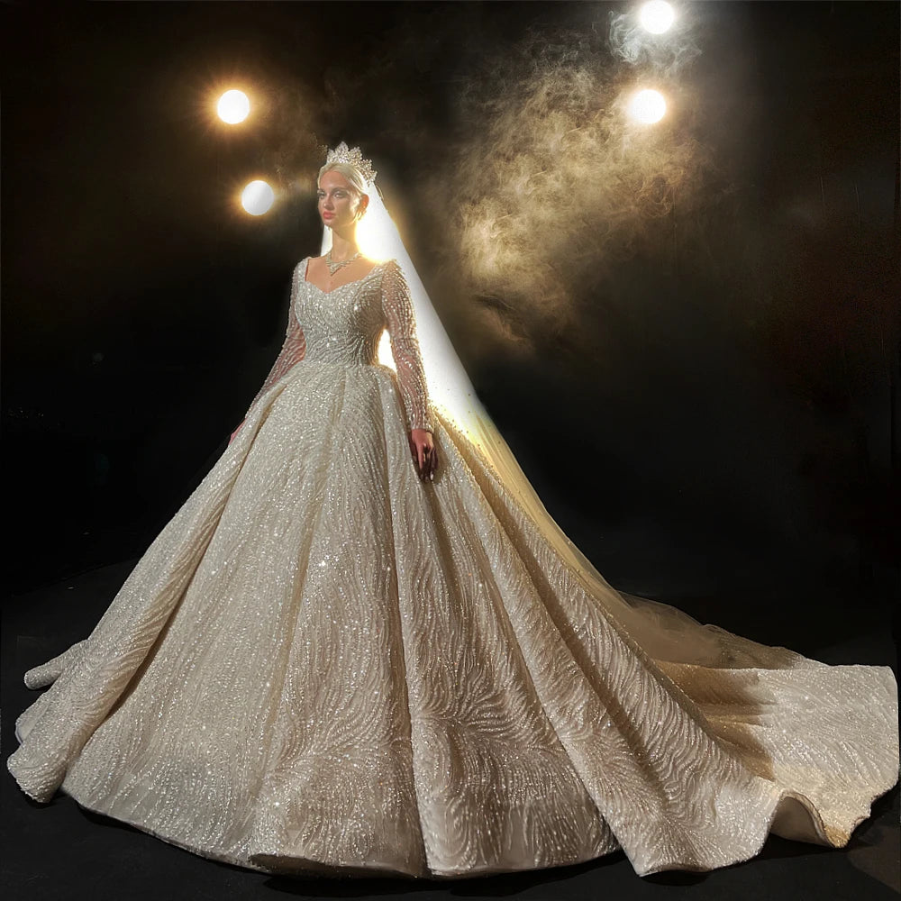 Elegant Square Collar Long Sleeve Wedding Dress - Luxury Bridal Gown for Church, Garden & Beach Weddings