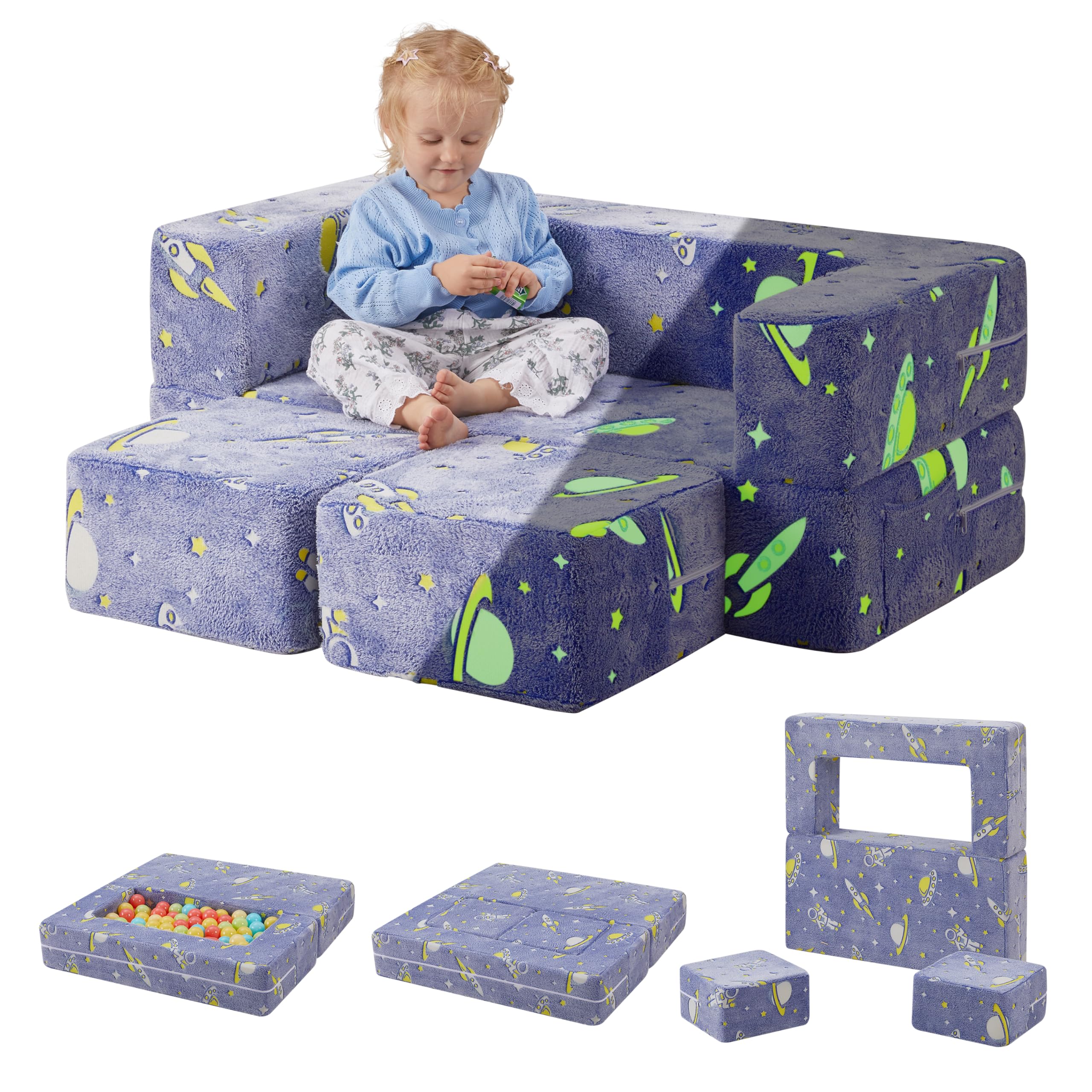 Glow in The Dark Space Kids Play Couch - Modular Toddler Sofa with Convertible Foam Floor Cushion for Nursery, Playroom & Bedroom | Fun Indoor Playtime for Boys & Girls