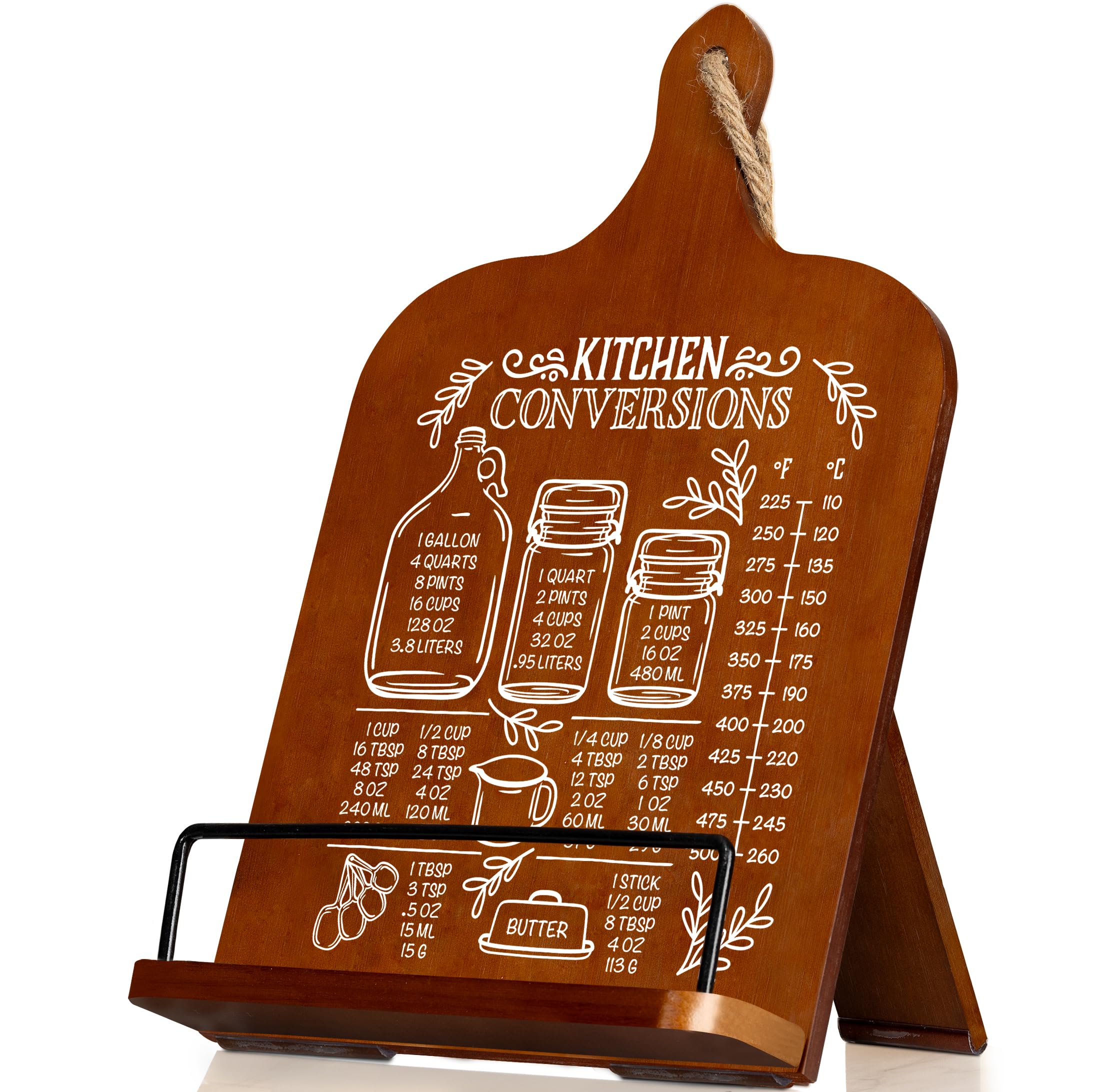 Kitchen Conversion Chart Cookbook Stand - Sturdy Recipe Holder for Countertop, Cookbook & Kitchen Book Stand - Unique Gift for Women (Brown) - Perfect for Baking, Cooking & Recipe Organization