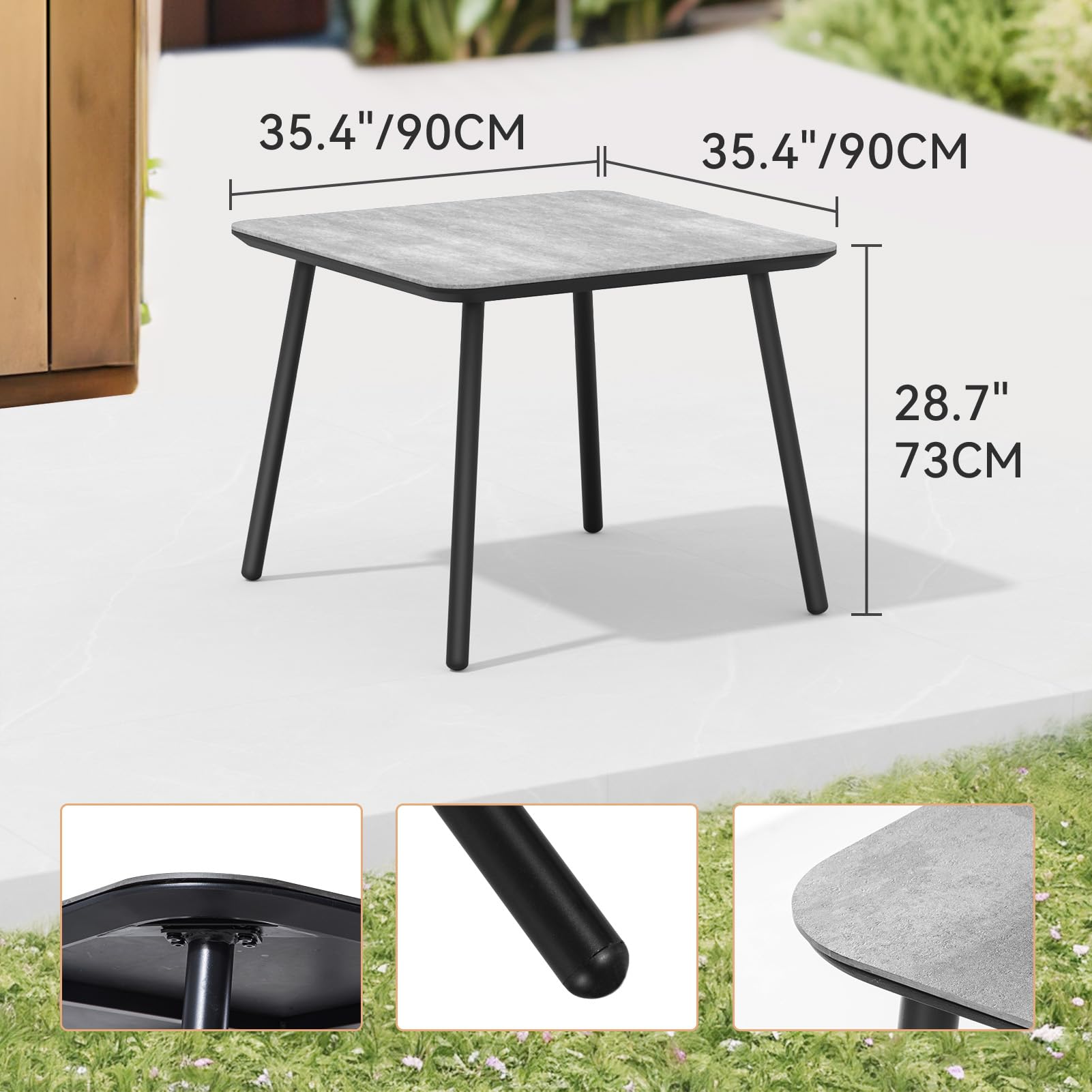 Square Metal Outdoor Dining Table with Marble Look Top - Patio, Garden, Backyard Furniture for Dining & Entertaining