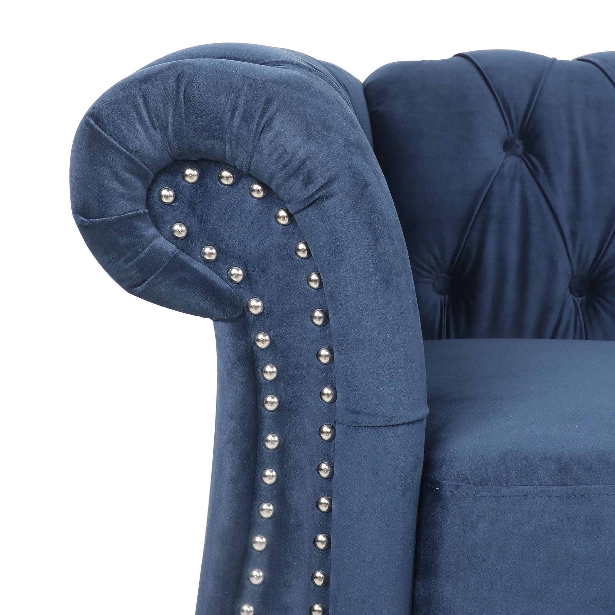 RARZOE Contemporary Velvet Chesterfield Chair - Blue Tufted Club Chair with Scrolled Arms & Nailhead Trim - Luxurious Accent Chair for Living Room, Bedroom & Office - Perfect for Home Decor, Reading Nook & Lounge Areas