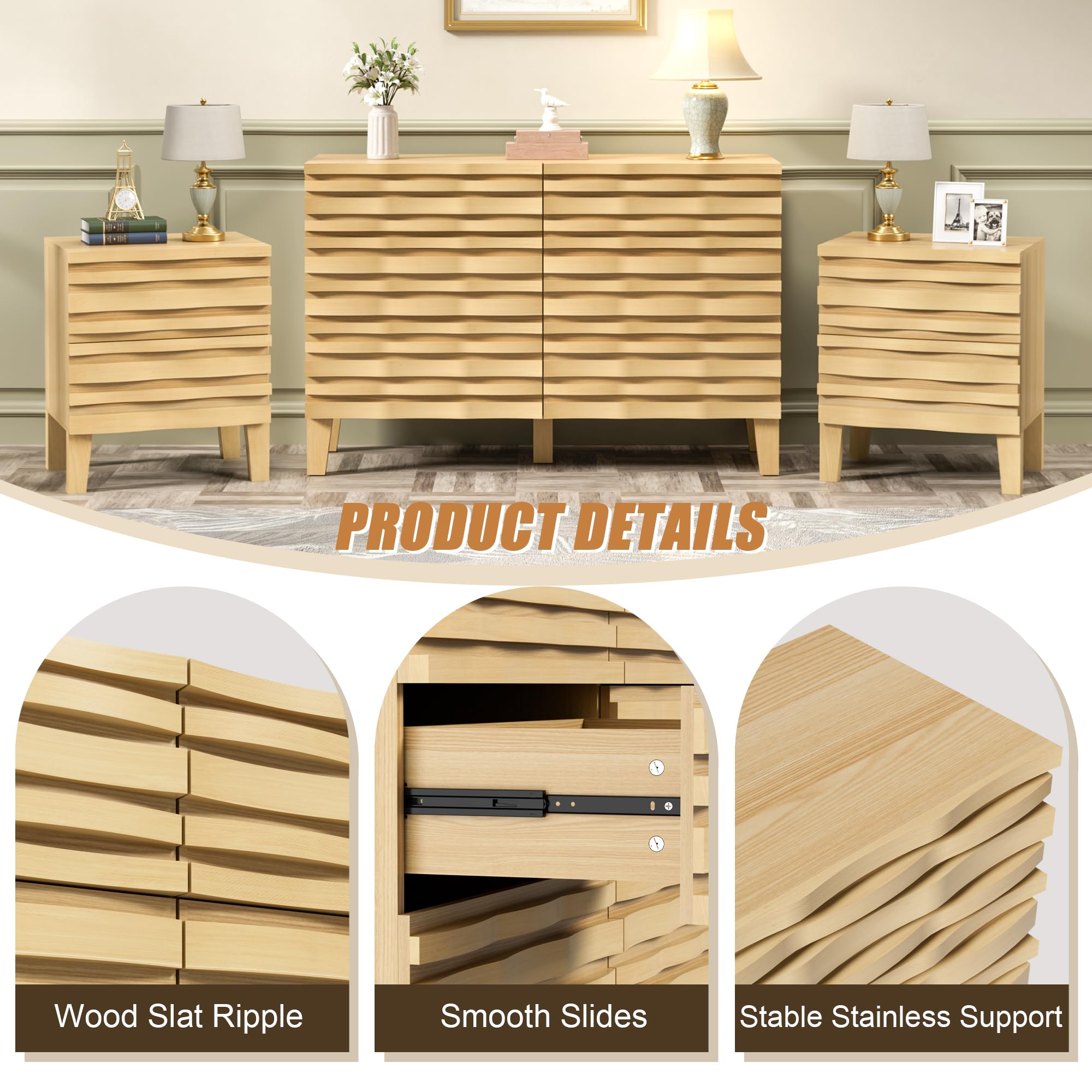 Mid Century Modern 6-Drawer Dresser and Nightstand Set - Solid Wood Bedroom Furniture with Fluted Design & Moire Pattern - Ivory White Storage Set for Master Bedroom, Guest Room, or Apartment