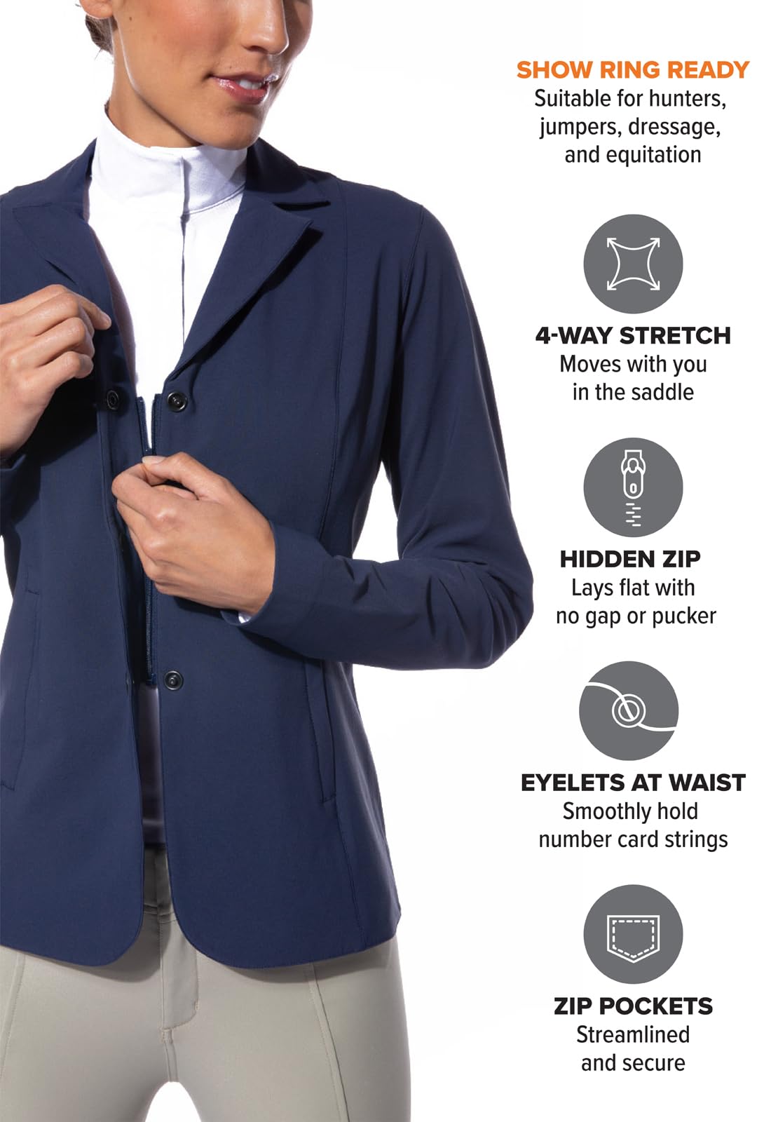 Kerrits Women's Equestrian Stretch Competitor Coat - Lightweight 3-Snap English Horse Show Jacket | Machine Washable Riding Apparel for Dressage & Show Jumping | Perfect for Competitions & Training