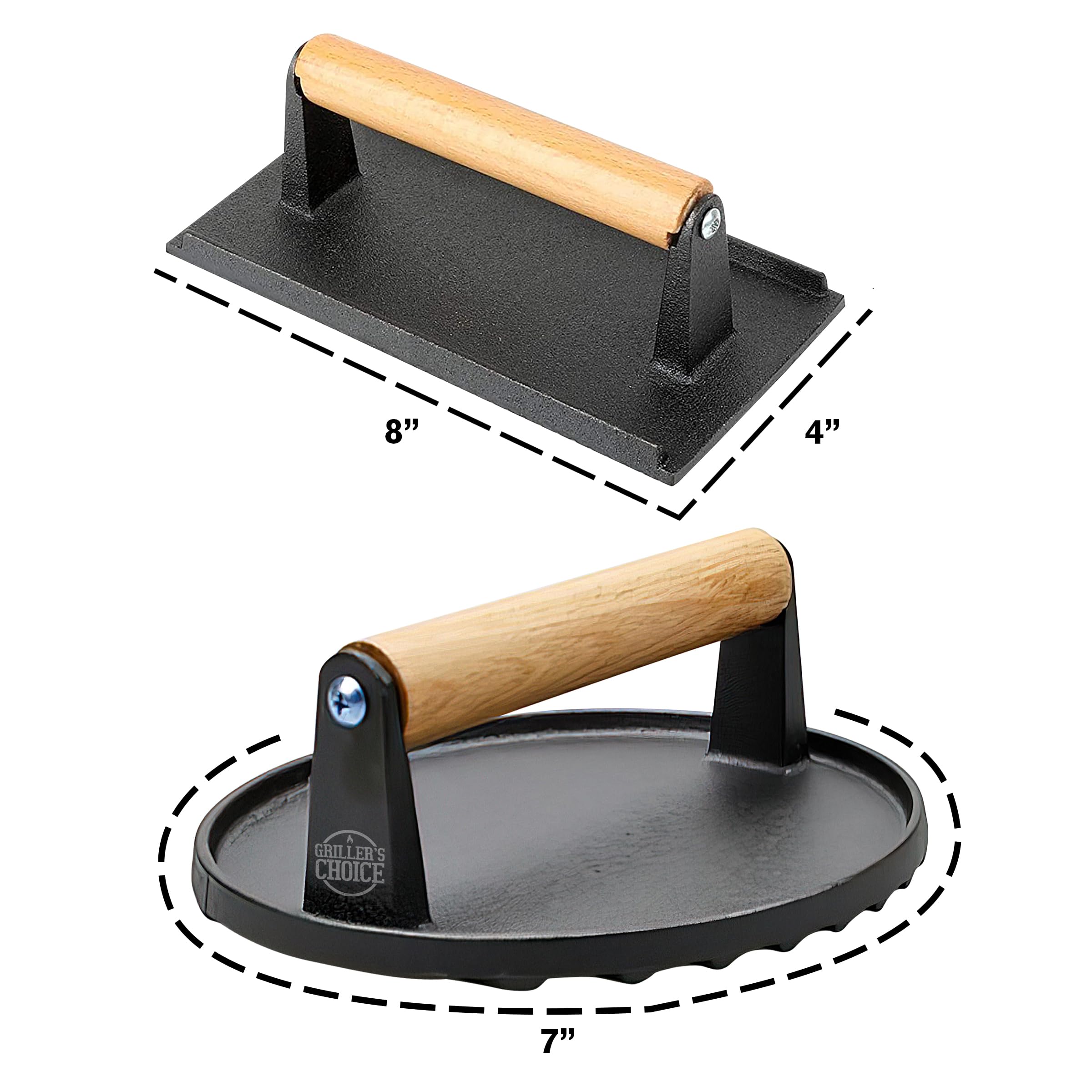 Premium Cast Iron Bacon Press & Grill Press 2-Piece Set - Heavy Duty Meat Press, Hamburger Smasher for Grilling, Griddle Cooking & BBQ - Perfect for Chefs, Home Cooks & Outdoor Enthusiasts (Ideal for Burgers, Steaks, Paninis & Breakfast Cooking)