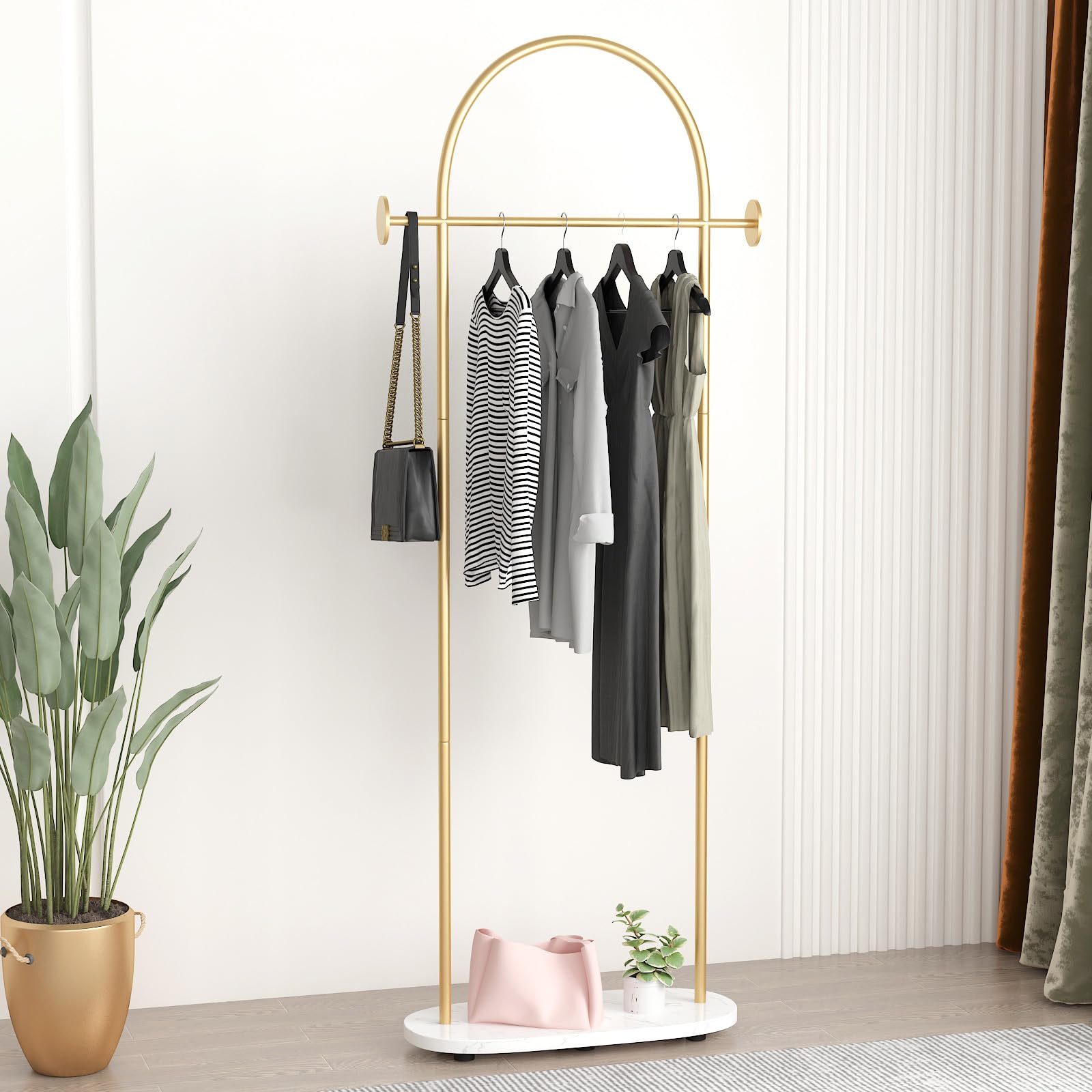 Gold Clothing Rack - Heavy Duty Freestanding Coat Rack with Shelf & Hooks | Modern Metal Garment Hanger Stand for Boutique, Office & Home Organization | Perfect for Closet Storage, Retail Display & Bedroom Decor
