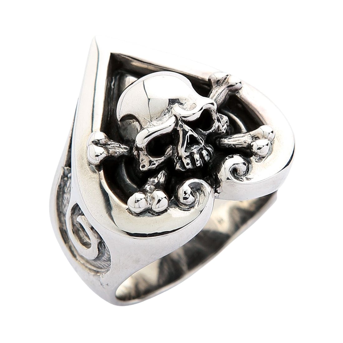 Crossbones Heart Ace Sterling Silver Skull Ring for Men - Gothic Punk Jewelry, Edgy Fashion Accessory - Perfect for Halloween, Rock Concerts & Biker Events