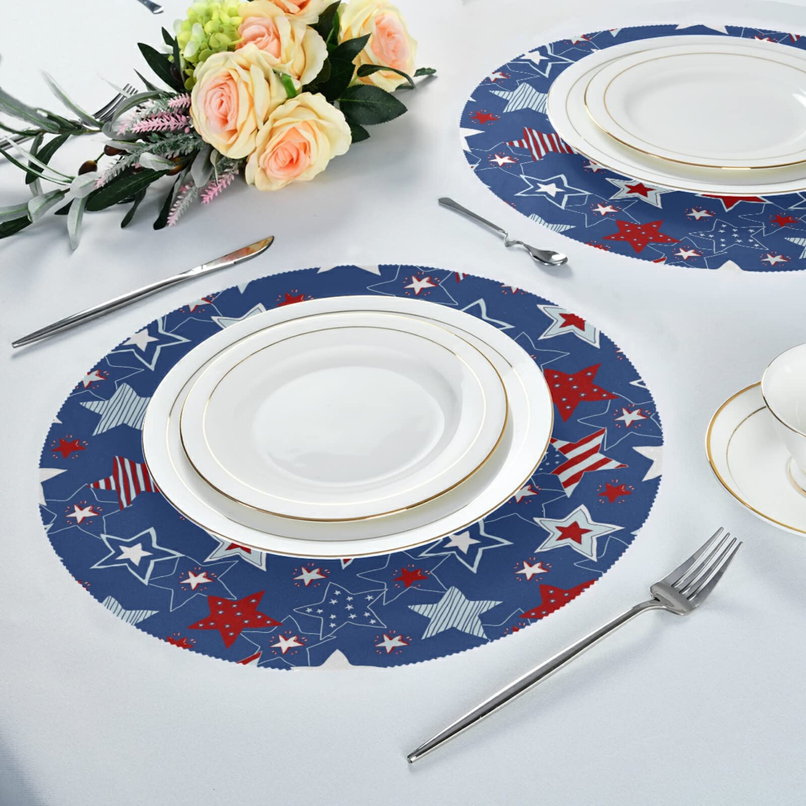 ALAZA Patriotic 4th of July Round Placemats Set of 4 - American Flag Themed Dining Table Mats for Kitchen, Home Decor & Holiday Celebration | Perfect for Independence Day Parties, BBQ Gatherings & Festive Dining