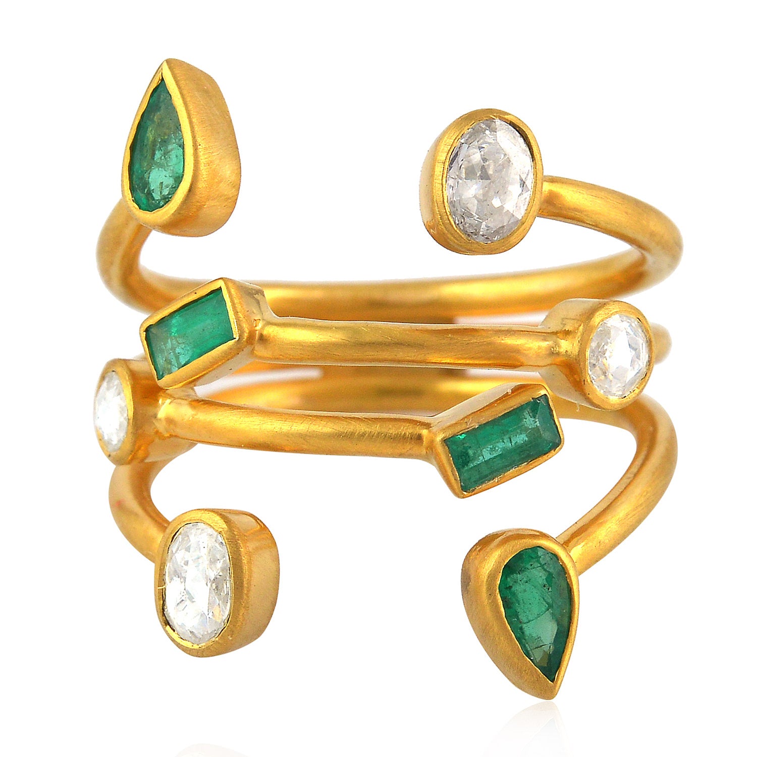 Bezel Emerald Rose Cut Diamond Between The Finger Ring in 14K Yellow Gold - Elegant Stackable Ring for Women, Perfect for Weddings, Anniversaries & Special Occasions