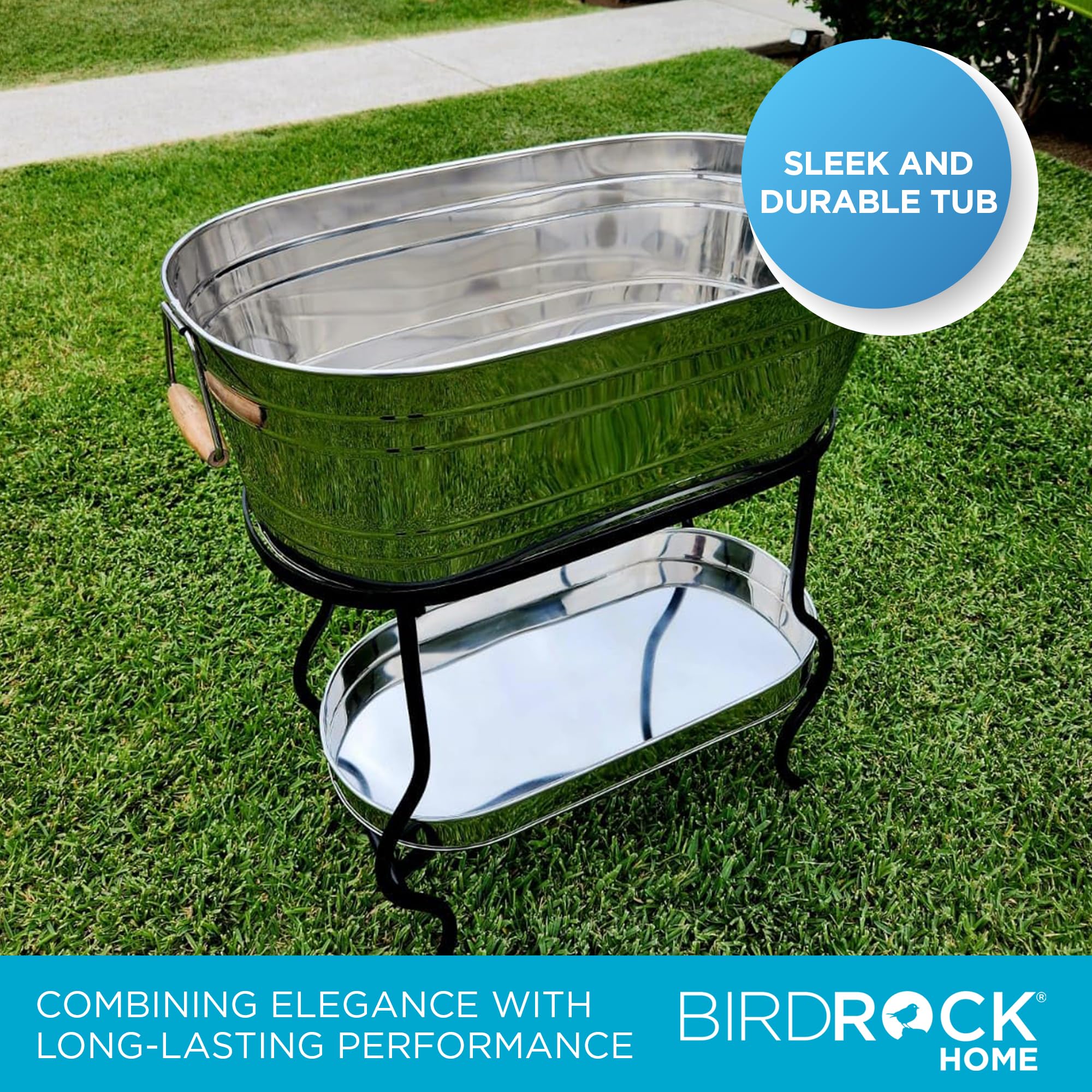 BIRDROCK Stainless Steel Beverage Tub with Stand & Wooden Handles - 5 Gallon Ice Bucket with Bottom Tray for Parties - Indoor/Outdoor Drink Cooler for Entertaining, BBQ, Poolside & Tailgating