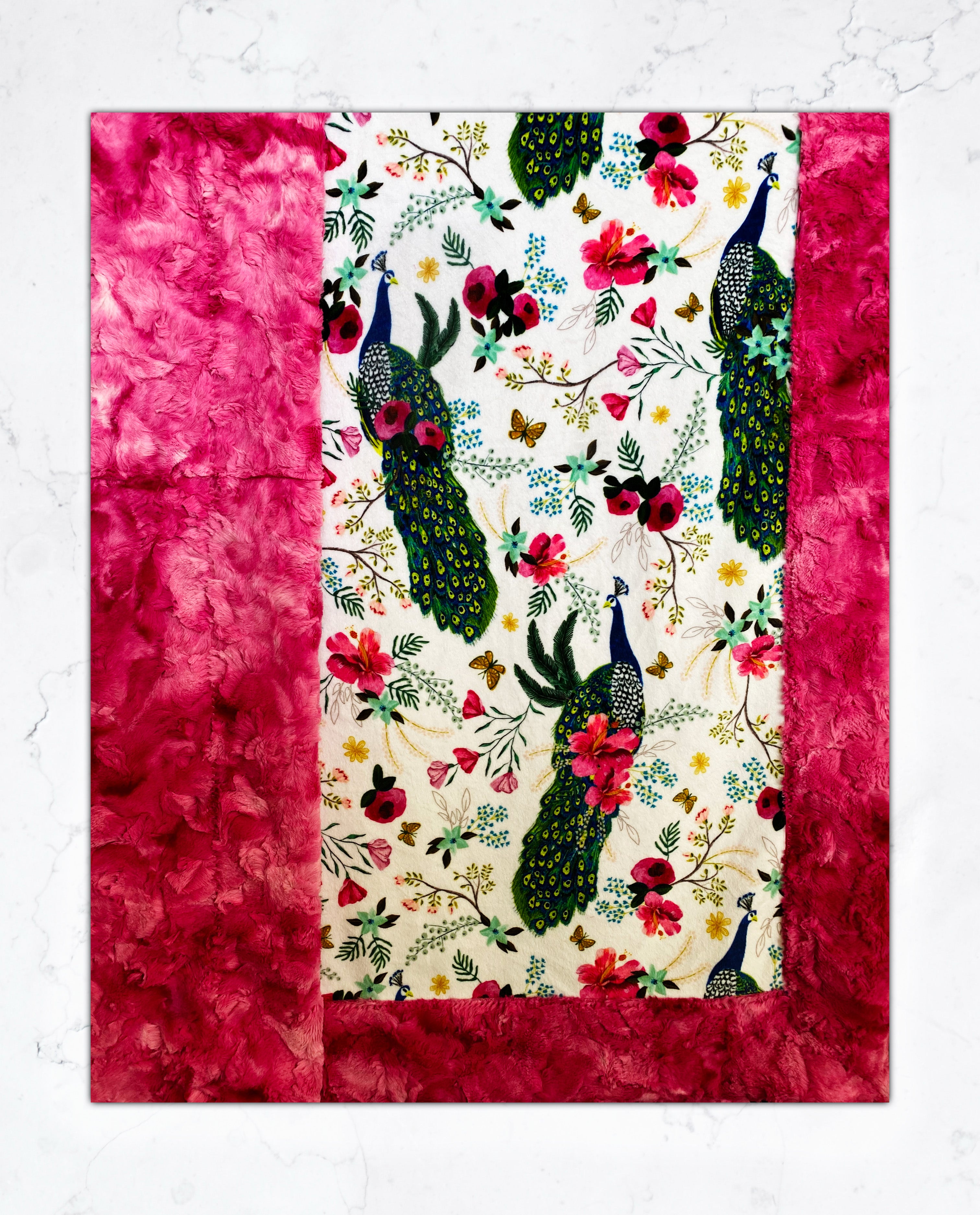Plush Peacock Floral Fuchsia Marble Print Minky Blanket for Adults - 55x79 Inches - Soft Cozy Throw for Bed, Sofa & Home Decor