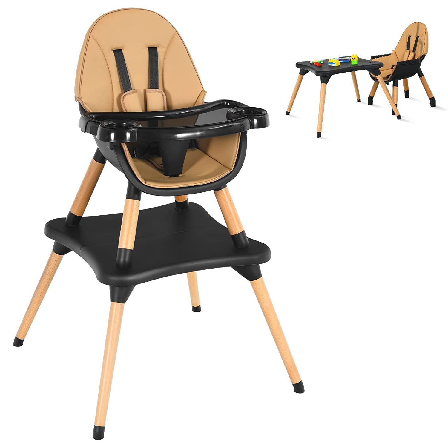 HONEY JOY 5-in-1 Convertible Wooden High Chair for Babies & Toddlers - Adjustable Baby Feeding Chair with Safety Harness, Removable Tray & Booster Seat - Perfect for Dining, Weaning & Playtime at Home