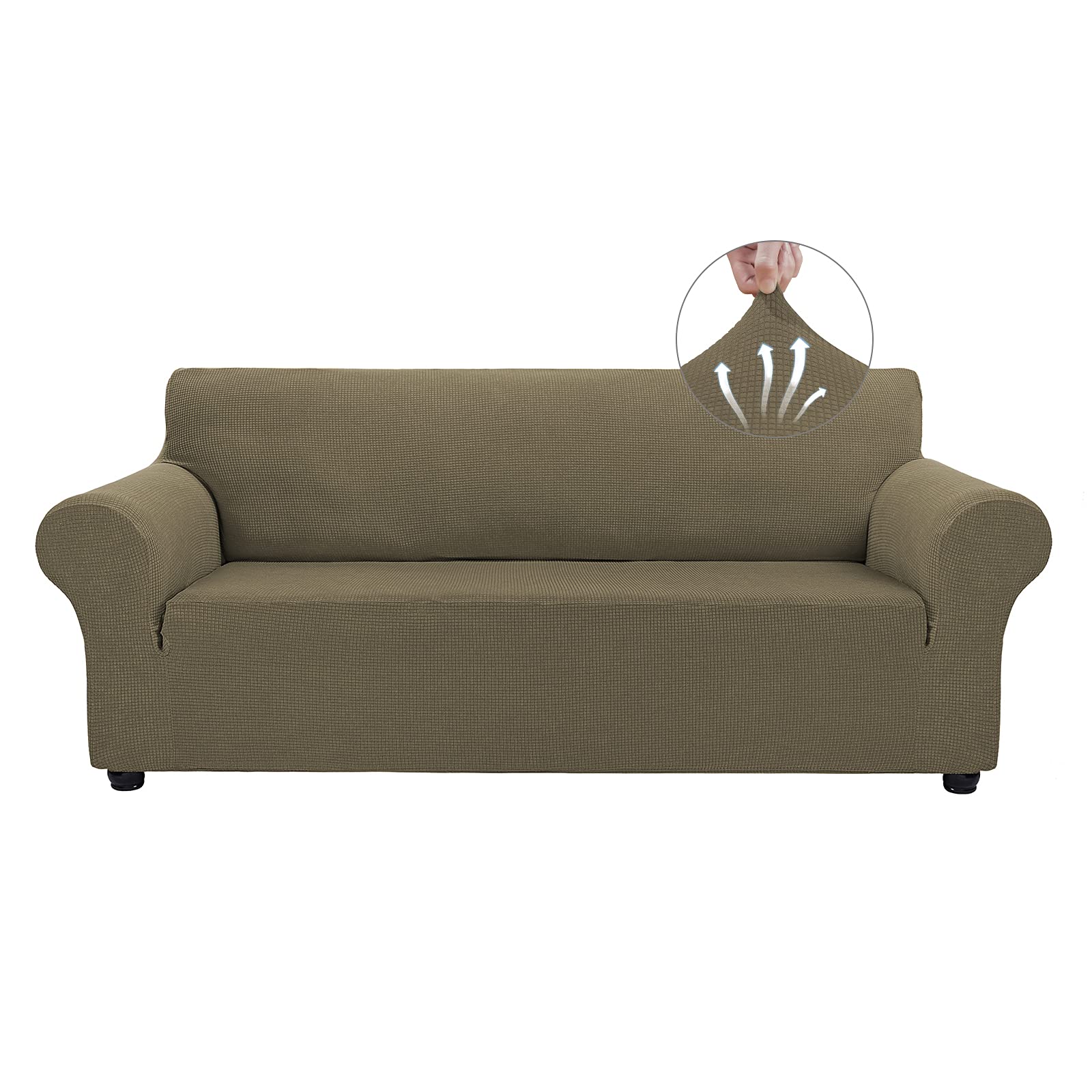 Stretchable 3-Cushion Sofa Slipcover for Pets - Jacquard Spandex Fabric with Small Checks, Khaki (Large) - Protects Furniture from Dogs & Cats - Perfect for Living Room, Family Room & Pet-Friendly Homes