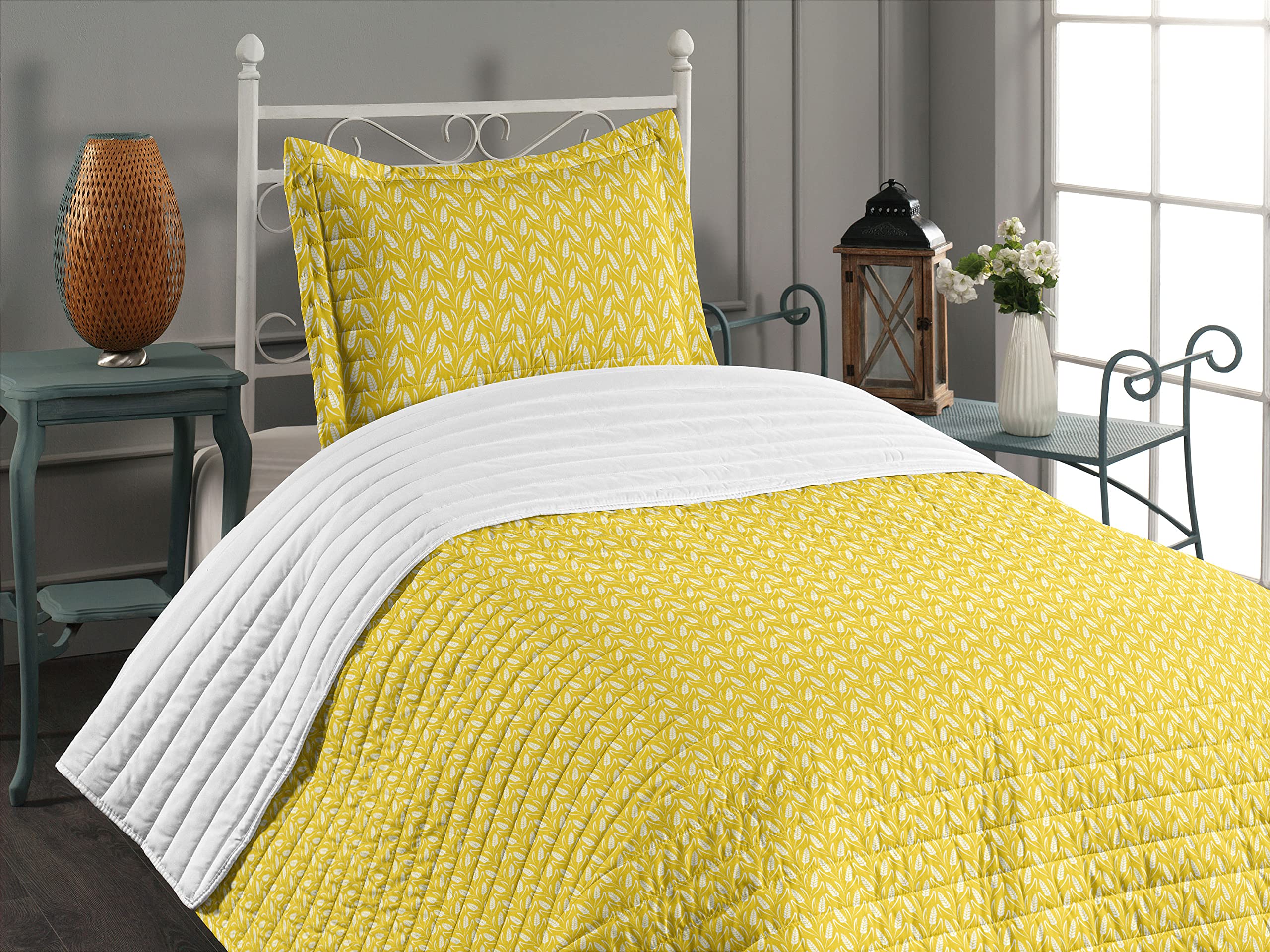 Ambesonne Yellow and White Microfiber Bedspread Set - Wheat Field Silhouette Design, Soft Twin Size Comforter with Pillow Sham, Earth Tone Bedding | Perfect for Farmhouse, Rustic or Country Style Bedrooms