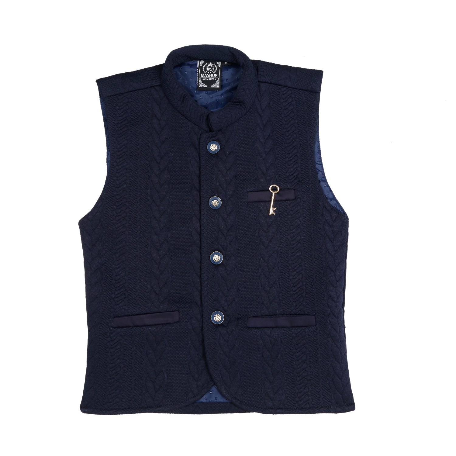 Stylish Navy Blue Self Textured Modi Jacket & Polka Dot Print Shirt - Trendy Casual Outfit for Men | Perfect for Office, Date Night & Weekend Wear