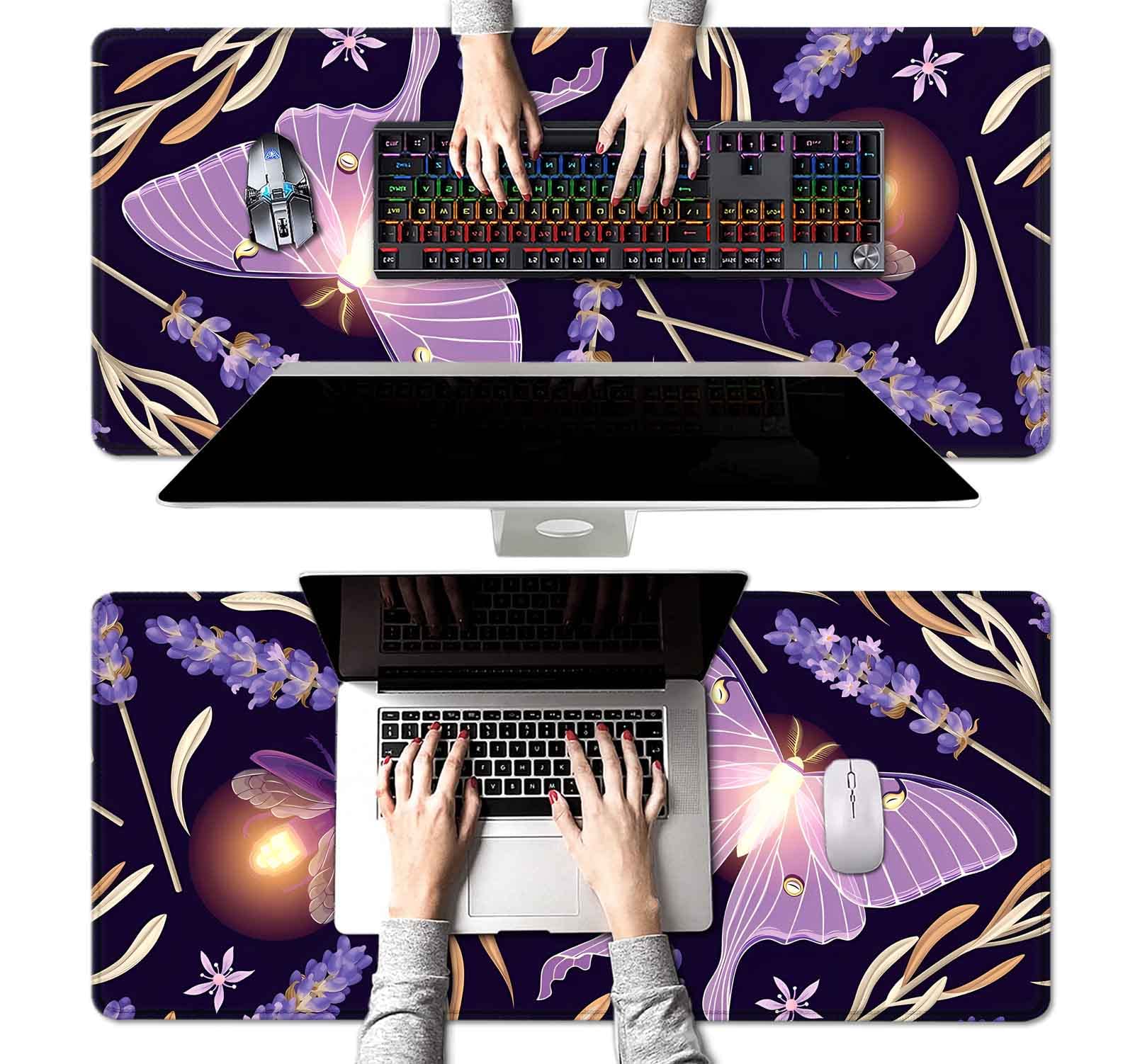 Extra Large Gaming Mouse Pad with Stitched Edges - Non-Slip XL Computer Desk Mat for Work, Office & Home Use - Purple Lavender Butterfly Design (35.4 x 15.7 Inches) - Perfect for Gamers, Typing & Ergonomic Workspace Setup
