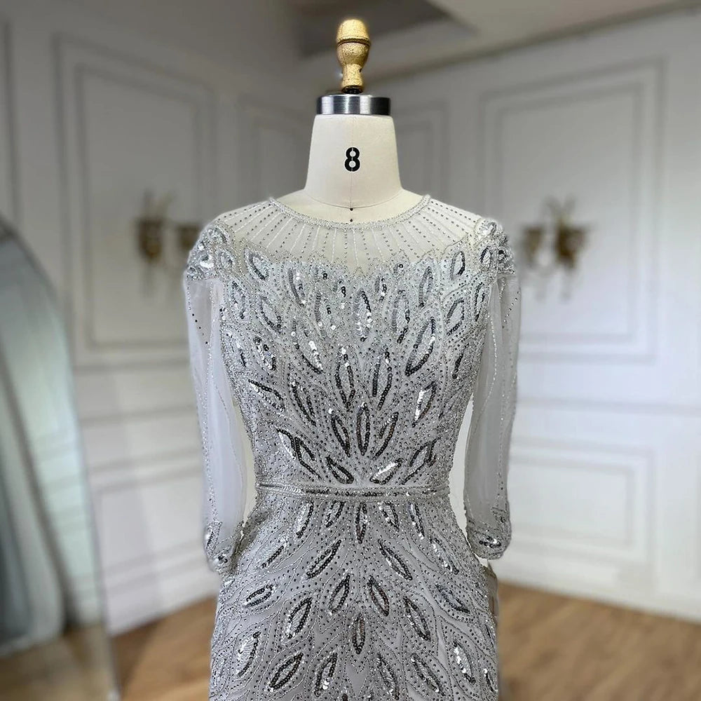 Luxury Arabic Silver White Beaded Evening Gown for Women - Elegant Ankle-Length Dubai Style Dress for Wedding, Party & Special Occasions | LA71999S | Perfect for Red Carpet Events & Formal Gatherings