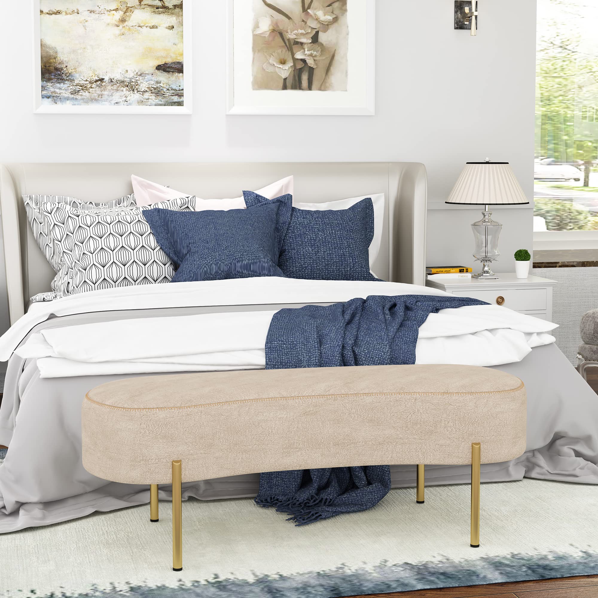 Modern Upholstered Bench with Gold Legs - Entryway, Living Room & Bedroom Ottoman Bench in Beige | Perfect for Seating, Storage & Home Decor