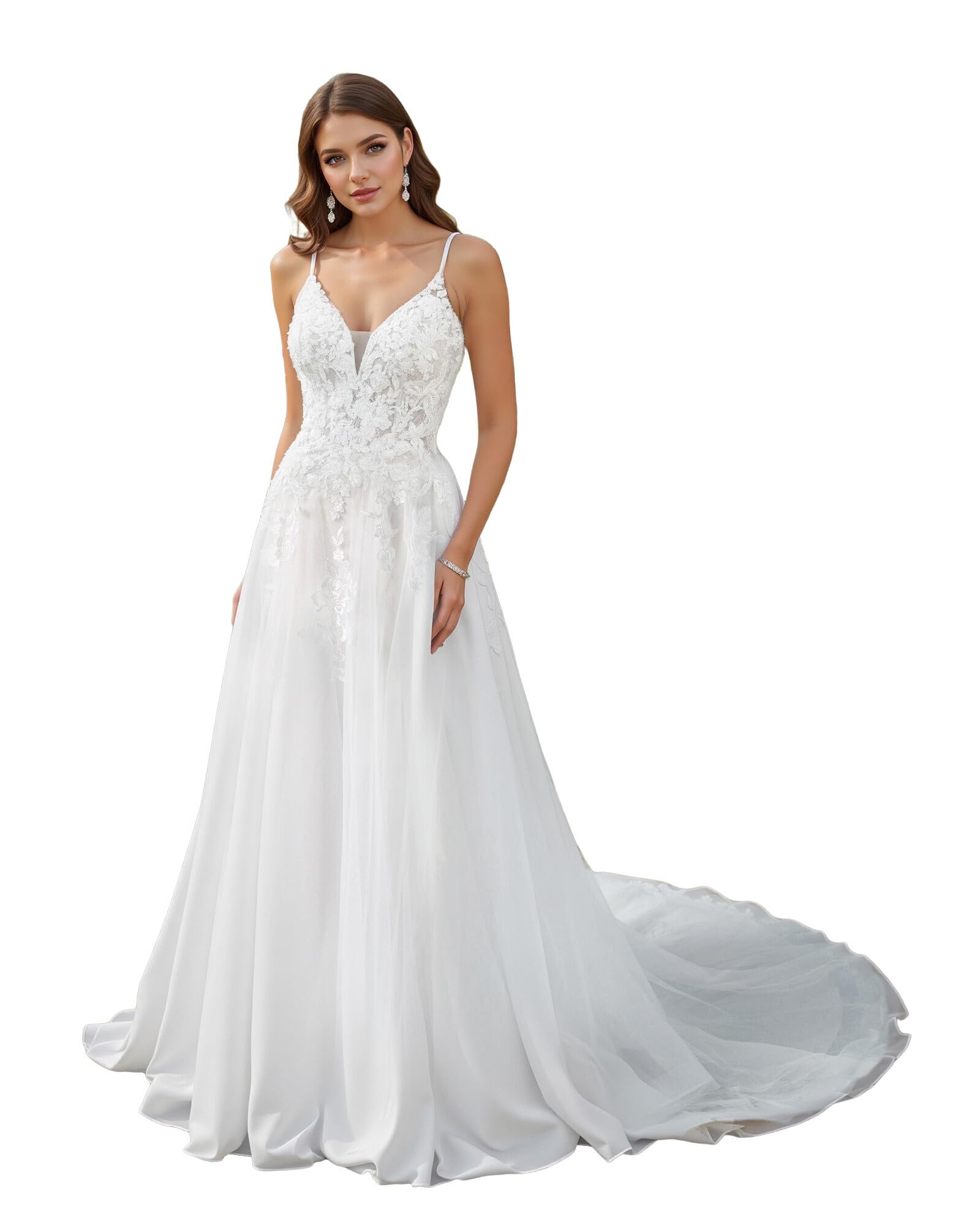 JAEDEN 2025 Lace Tulle Wedding Dress for Bride - Elegant V-Neck A-Line Gown for Bridal, Church, and Beach Weddings