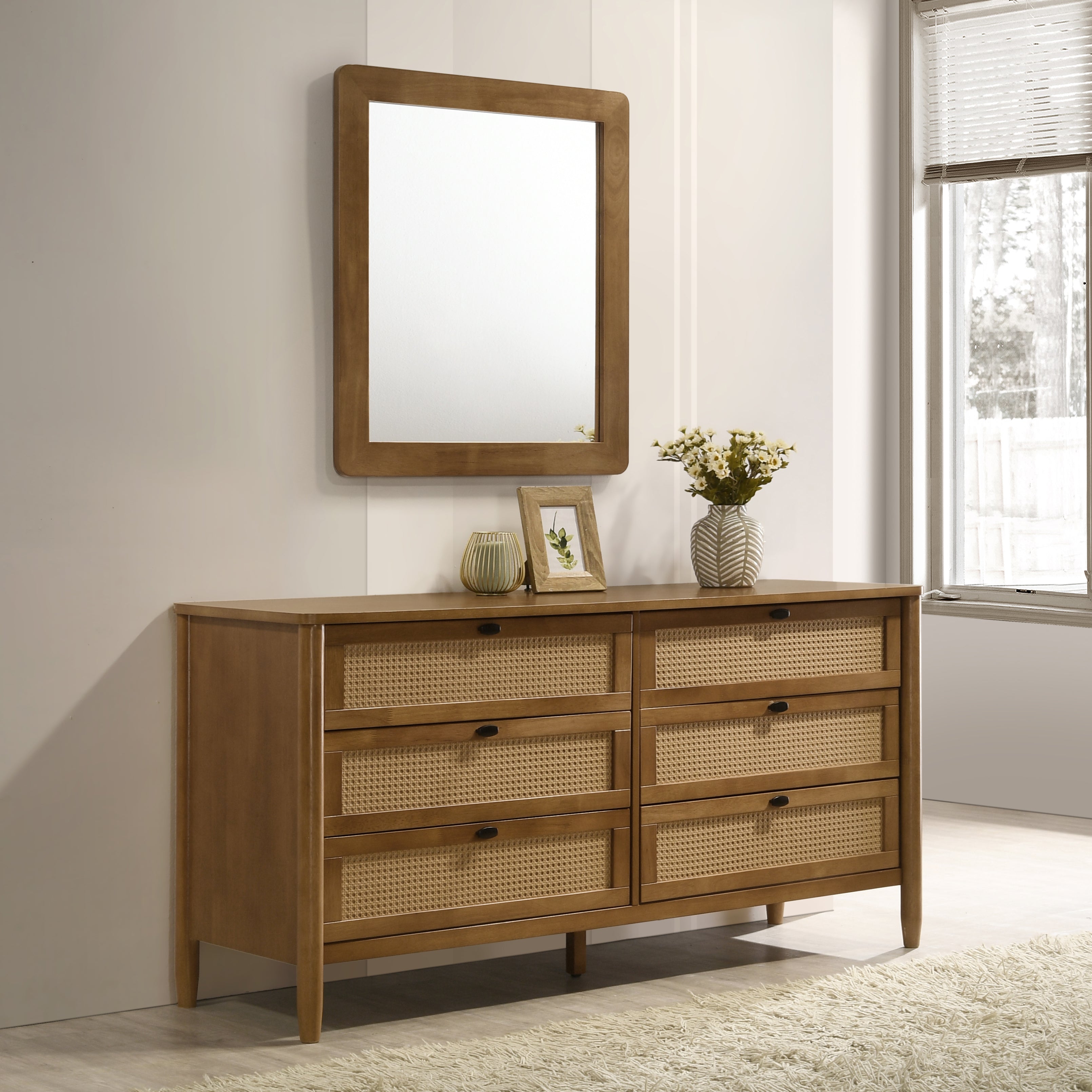 Roundhill Furniture Vichy Rattan Bedroom Set - Queen Size Light Walnut Finish Wicker Bed Frame & Nightstands - Perfect for Coastal, Boho & Farmhouse Style Bedrooms