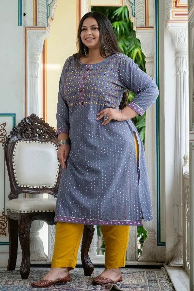 Plus Size Grey & Pink Cotton Straight Kurti for Women - Comfortable Casual & Party Wear Indian Tunic Top for Everyday Fashion