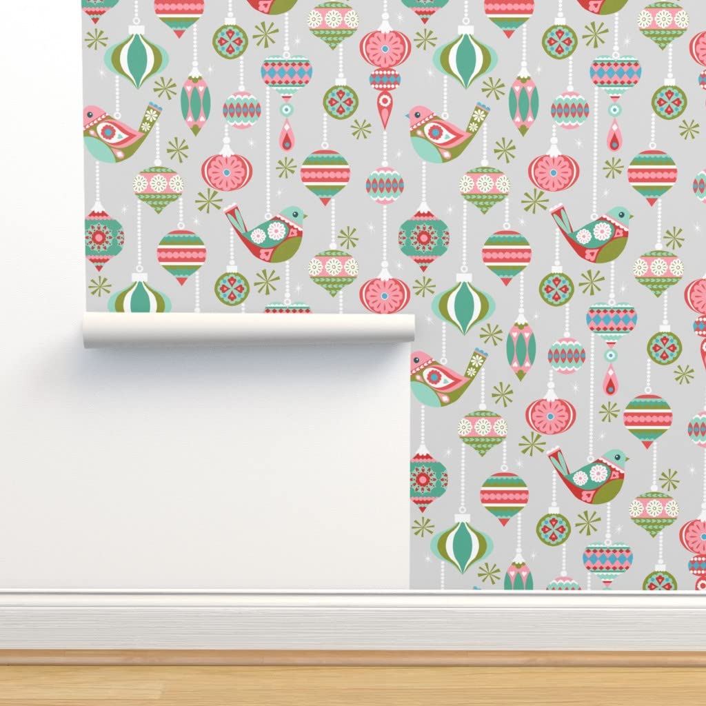 Removable Christmas Ornament Vintage Wallpaper - Holiday Tree & Birds Grey Peel and Stick Wallpaper Samples by Spoonflower | Perfect for Festive Home Decor, Nursery Accent Walls & Seasonal Room Makeovers