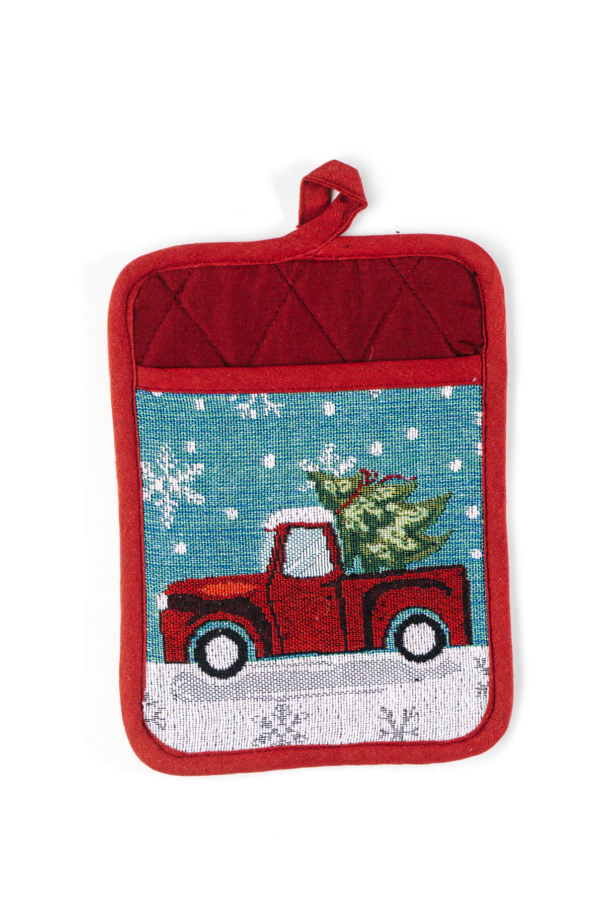 CraftMore Red Truck Gift Set - 4 Christmas Placemats, 1 Kitchen Towel, 1 Pot Holder & 1 Oven Mitt - Holiday Kitchen Accessories for Festive Dining & Cooking