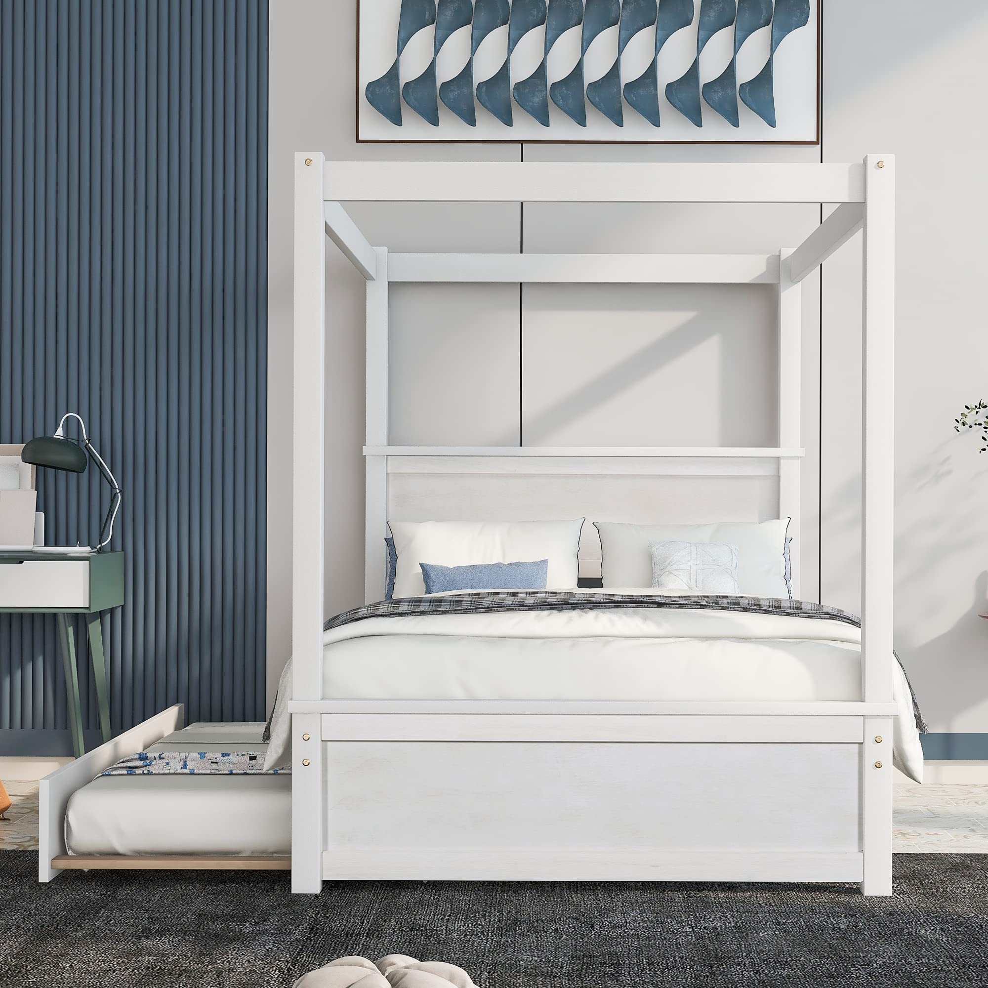 SOFTSEA Full Size Canopy Bed Frame with Trundle - Solid Wood Platform Bed with Headboard, No Box Spring Needed, White - Perfect for Guest Rooms, Master Bedrooms & Small Spaces