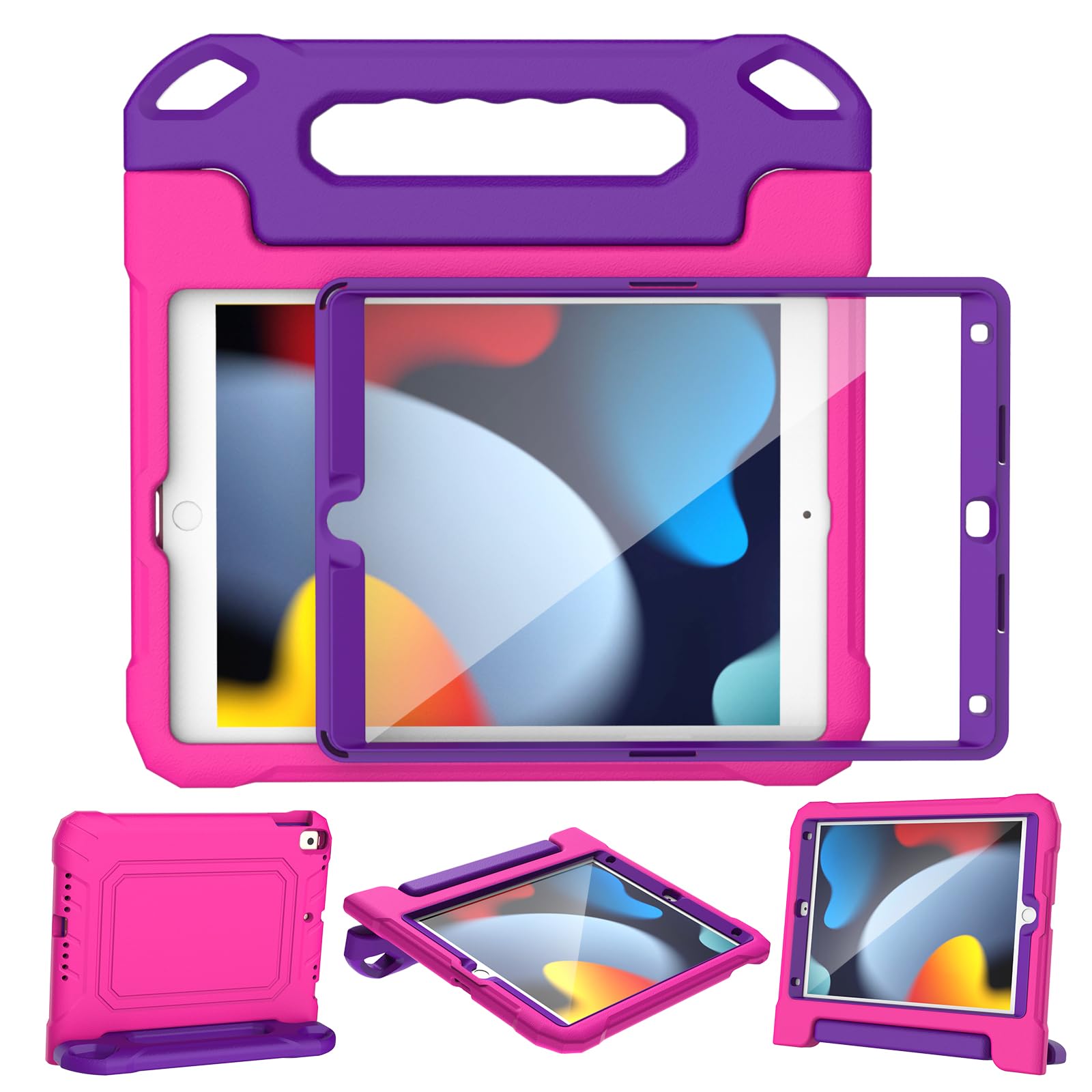 YIHE Shockproof Kids iPad Case for iPad 10.2 Inch 9th/8th/7th Gen (2021/2020/2019), iPad Pro 10.5 & iPad Air 3 - Handle Stand Protective Cover with Screen Protector (Pink & Purple) | Perfect for School, Travel & Home Learning