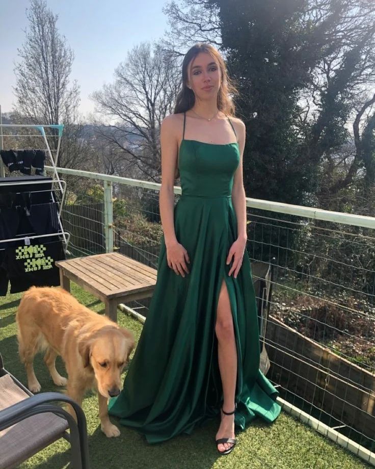 Elegant A-Line Green Satin Long Prom Dress with High Slit - Formal Evening Gown for Homecoming, Ball, Wedding Guest & Special Occasions