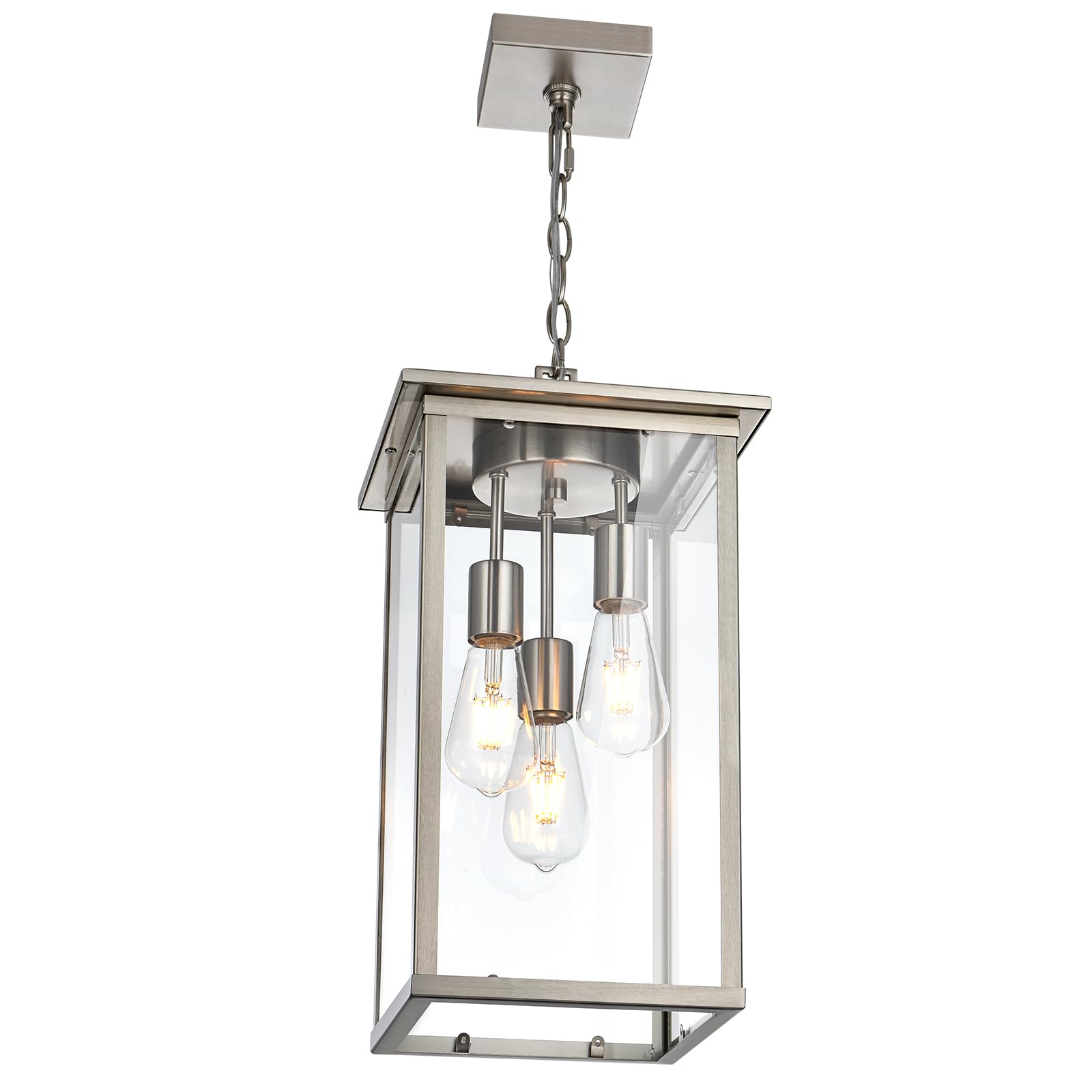 3-Lights Outdoor Pendant Light - Modern Brushed Nickel Chandelier with Clear Glass Shades - Adjustable Ceiling Mount Porch Lighting for Entryway, Patio, Deck & Garden - Weather-Resistant Exterior Hanging Light Fixture