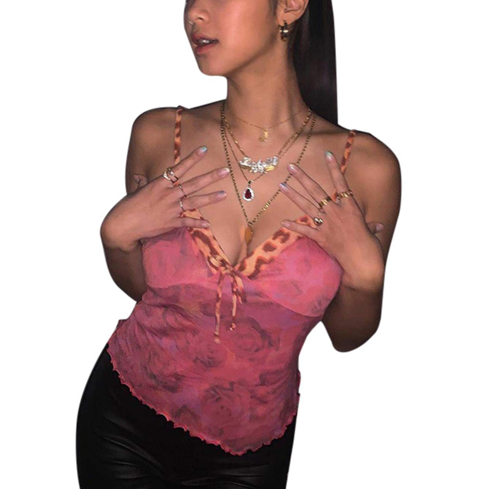 Y2K Sexy Camisole Top for Women - Sheer Mesh V-Neck Lace Trim Sleeveless Backless Summer Blouse | Perfect for Clubwear, Date Night & Festival Outfits
