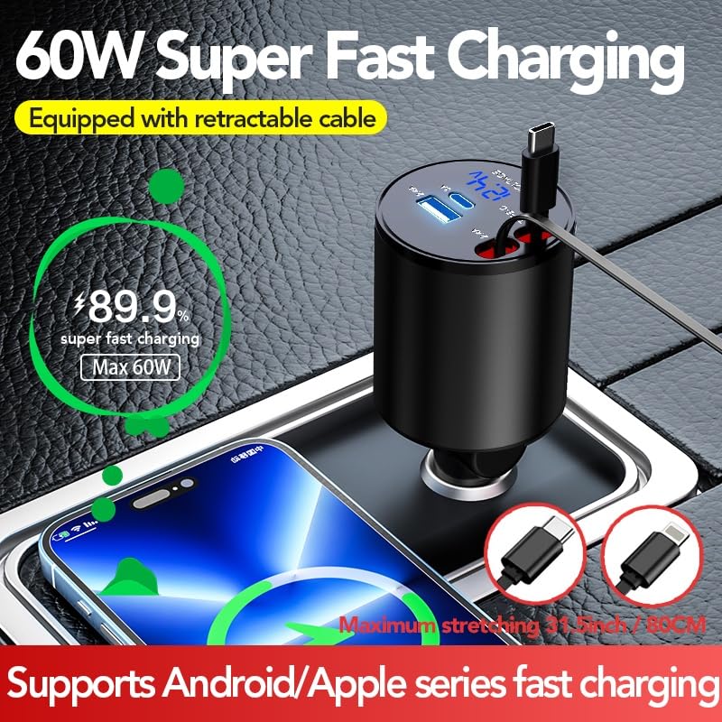 4-in-1 60W Super Fast Retractable Car Charger with 2 USB Ports & 2 Retractable Cables - Compatible with iPhone 16/15/14/13/12/11, AirPods 4, Galaxy & Pixel - Perfect for Road Trips & Daily Commutes