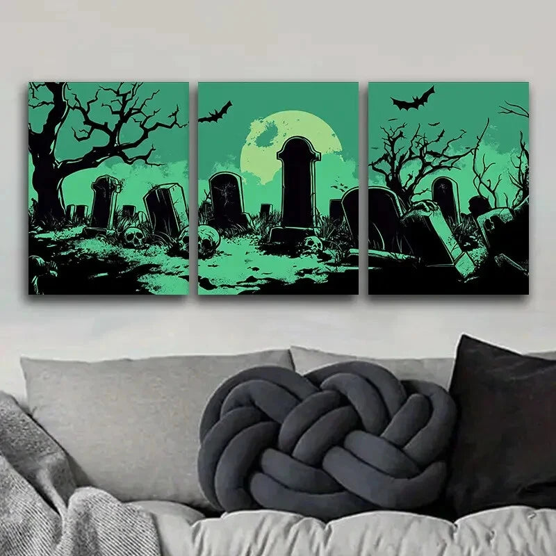 3-Piece Graveyard Halloween Metal Wall Art Prints - Ready to Hang Spooky Home Decor for Haunted House, Gothic Room & Halloween Party Decorations