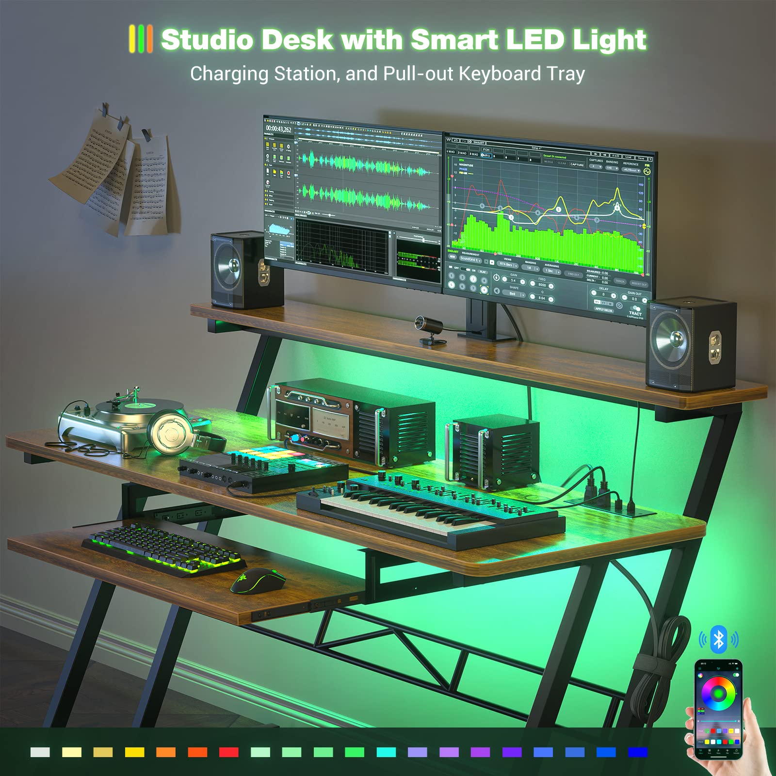Armocity Music Studio Desk with Power Outlets & RGB LED Lights - Professional Recording Desk for Music Producers - Adjustable Rustic Brown Workstation for Home & Professional Studios | Perfect for Music Production, Podcasting & Audio Editing