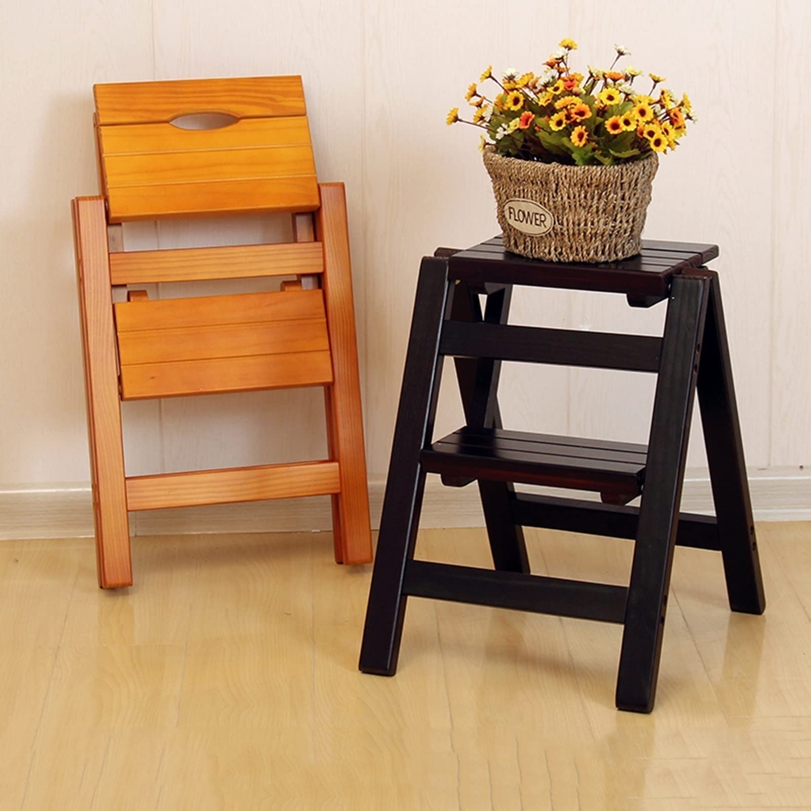 FADUNI 2-Step Wooden Folding Step Stool with Ladder - Portable Multi-Purpose Stool for Home, Office, Kitchen, Bathroom & Storage - Non-Slip Indoor Climbing Stool for Adults & Kids