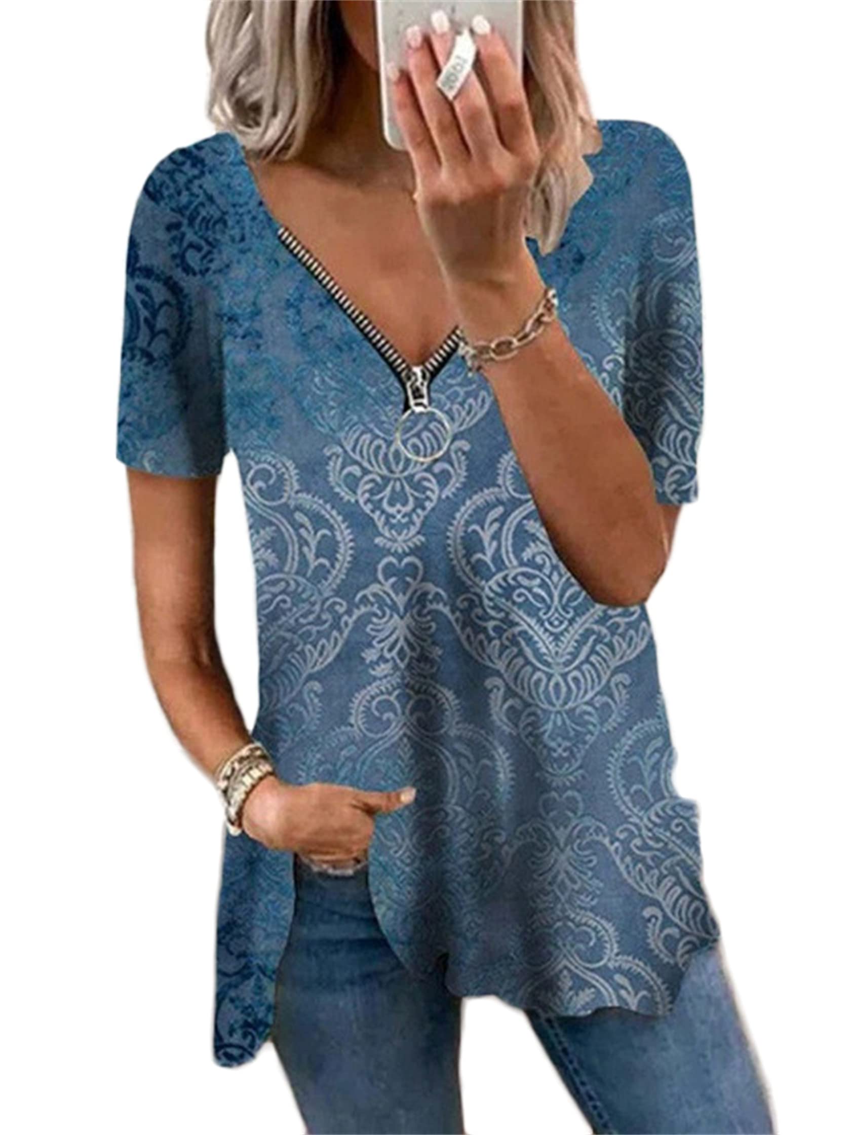 Andongnywell Women's Summer Short Sleeve V-Neck Printed Blouse - Casual Flowy Tunic Top with Zipper Detail | Perfect for Beach Outings, Office Wear & Everyday Fashion