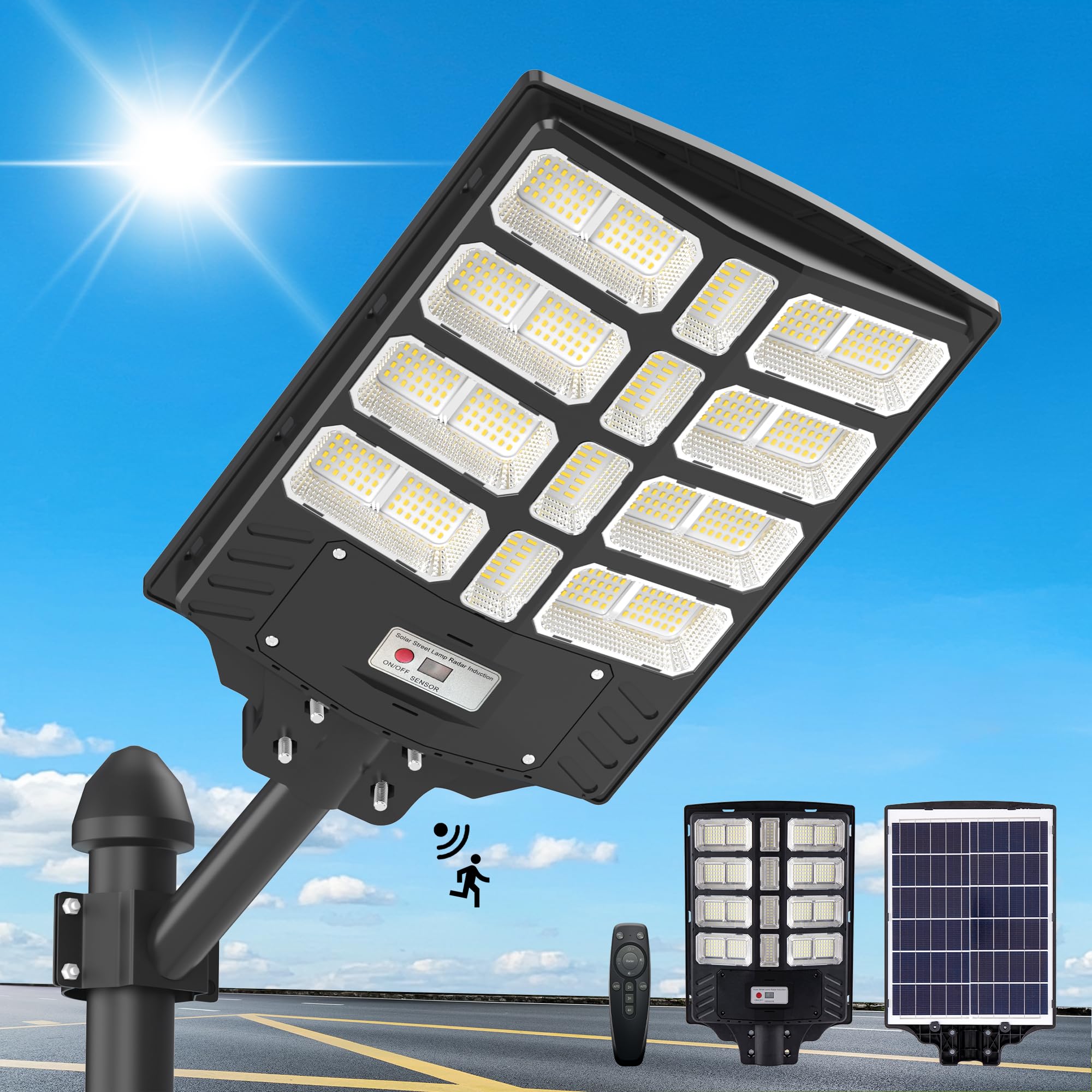 5000W Solar Street Lights Outdoor Waterproof - Commercial Solar Parking Lot Lights with Dusk to Dawn & Motion Sensor, LED Solar Flood Lights for Yard, Garden, Pathway, Driveway (Perfect for Outdoor Security, Landscape Lighting and Energy-Efficient Illumination)