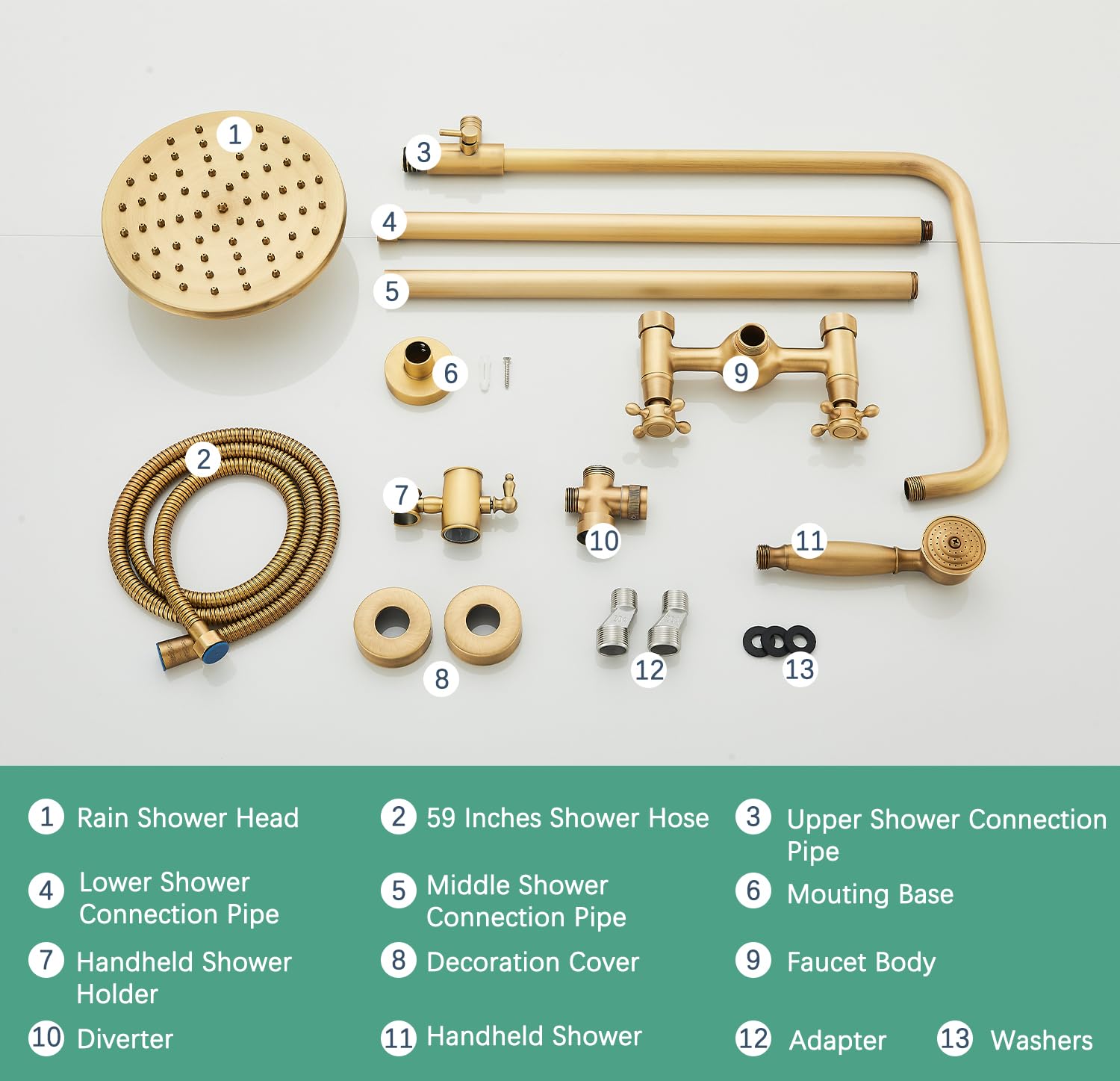 Antique Brass Shower System - 8 Inch Rainfall Shower Head & Handheld Spray - Wall Mounted Bathroom Faucet Set with 2 Cross Handles - Solid Brass Construction - Perfect for Outdoor Showers, Master Bathrooms & Spa-Like Experiences
