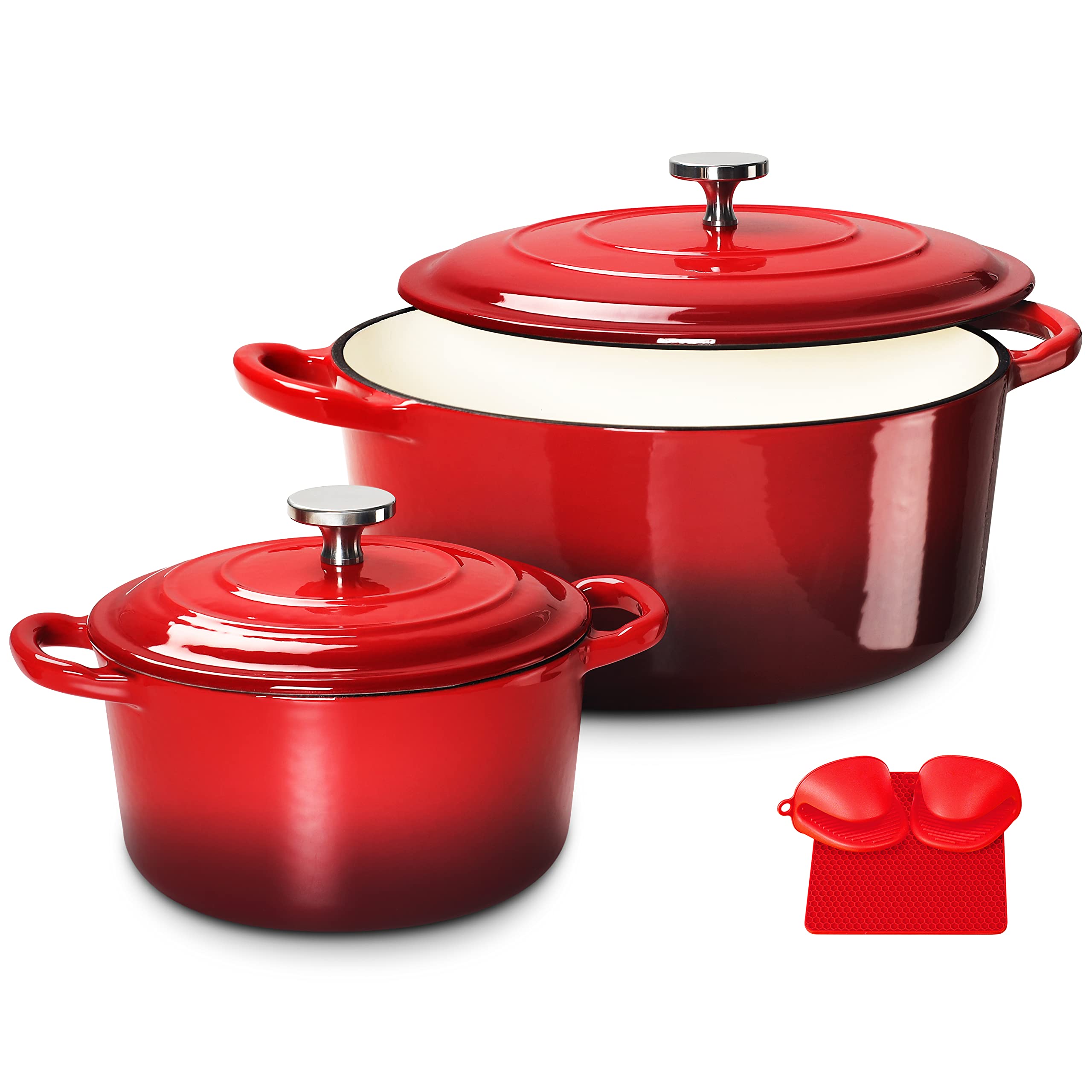 Premium Enameled Cast Iron Dutch Oven Set with Lids - 2-Piece Nonstick Cookware (6QT & 1.5QT) for Baking Bread, Braising, Stewing & Slow Cooking - Vibrant Red Enameled Pots for Oven, Stovetop & Camping Use