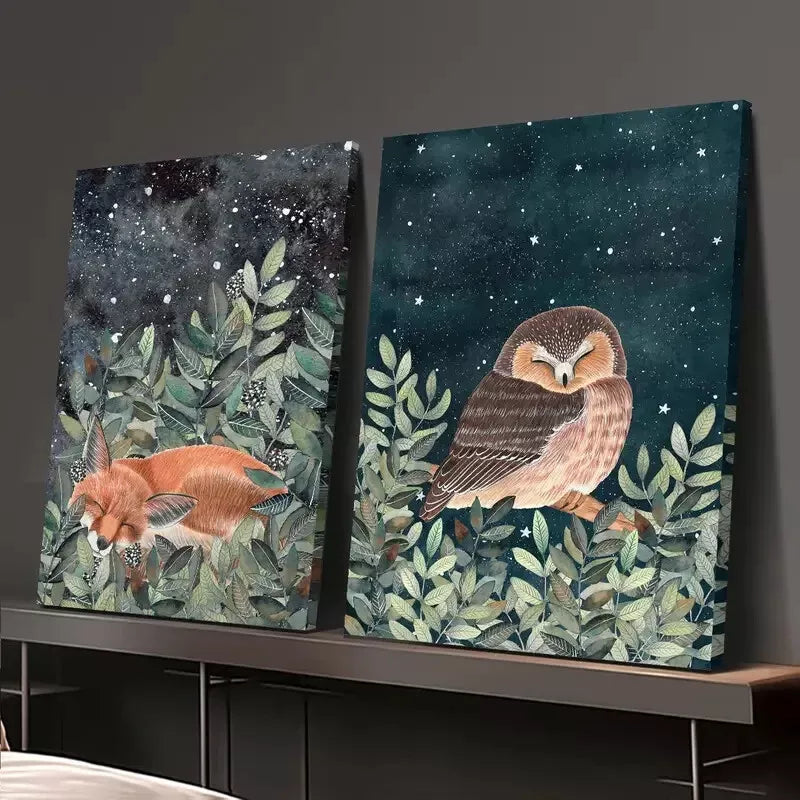 2Pcs Nocturnal Animals Canvas Wall Art - 50x75cm Framed Cute Style Decorative Painting | High Quality Print | 100% Australian Made | Ready to Hang | Perfect for Nursery, Living Room & Bedroom Decor