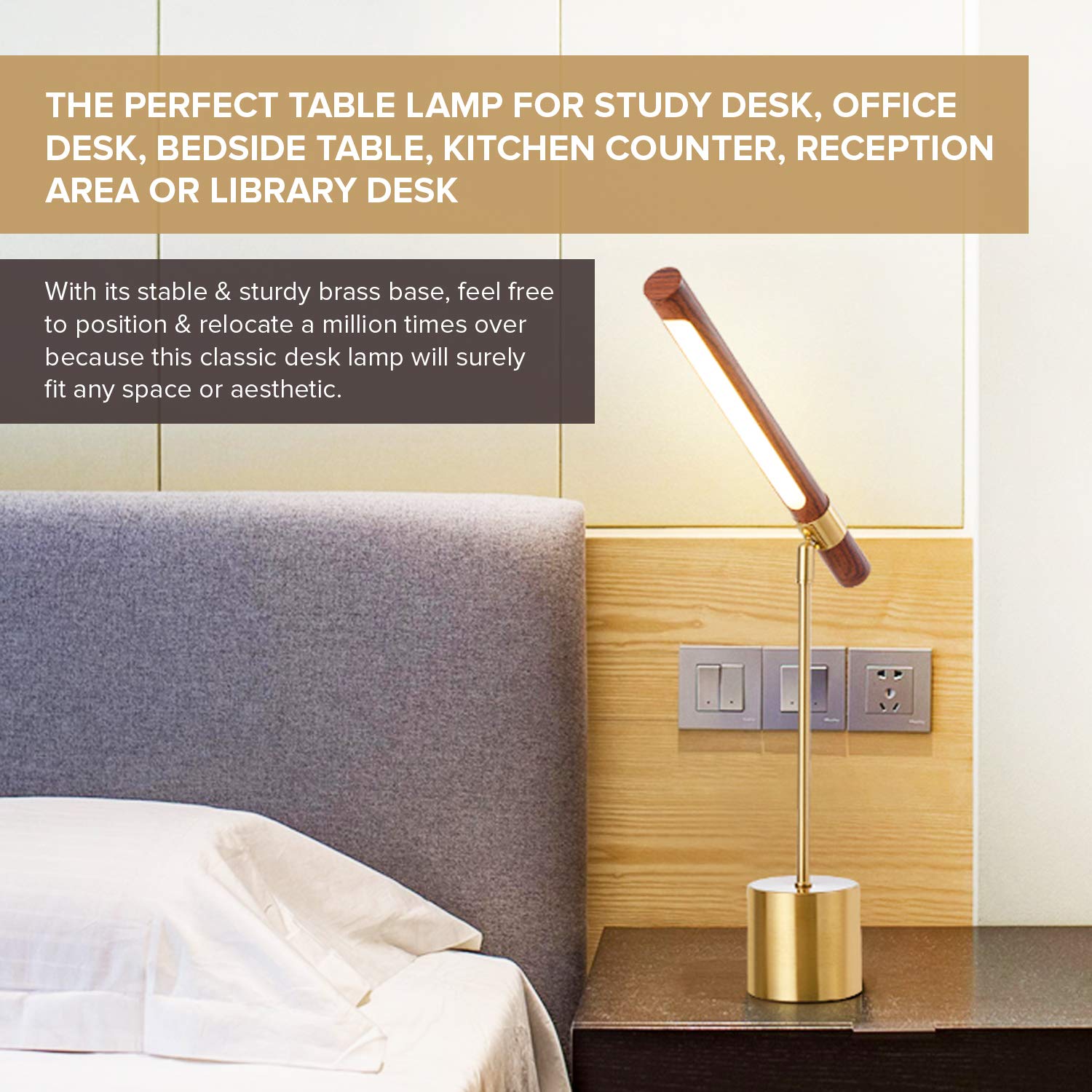 Modern Banker Slim LED Desk Lamp - Adjustable Wood & Brass Table Light for Home Office, Bedroom Nightstand - Mid Century Steampunk MCM Style Lighting for Reading, Working, Decor