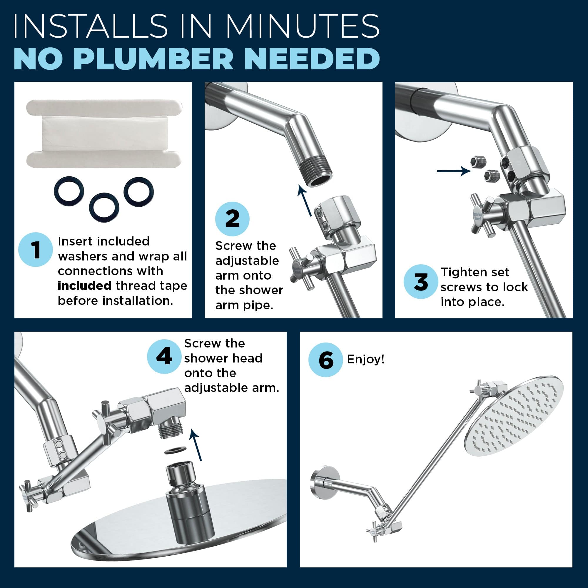 Premium 8 Inch All Metal Rain Shower Head with Adjustable Shower Arm - 2.5 GPM Flow Rate - Luxury Bathroom Upgrade for Spa-Like Experience - Perfect for Master Bath, Guest Bath & Hotel Renovations