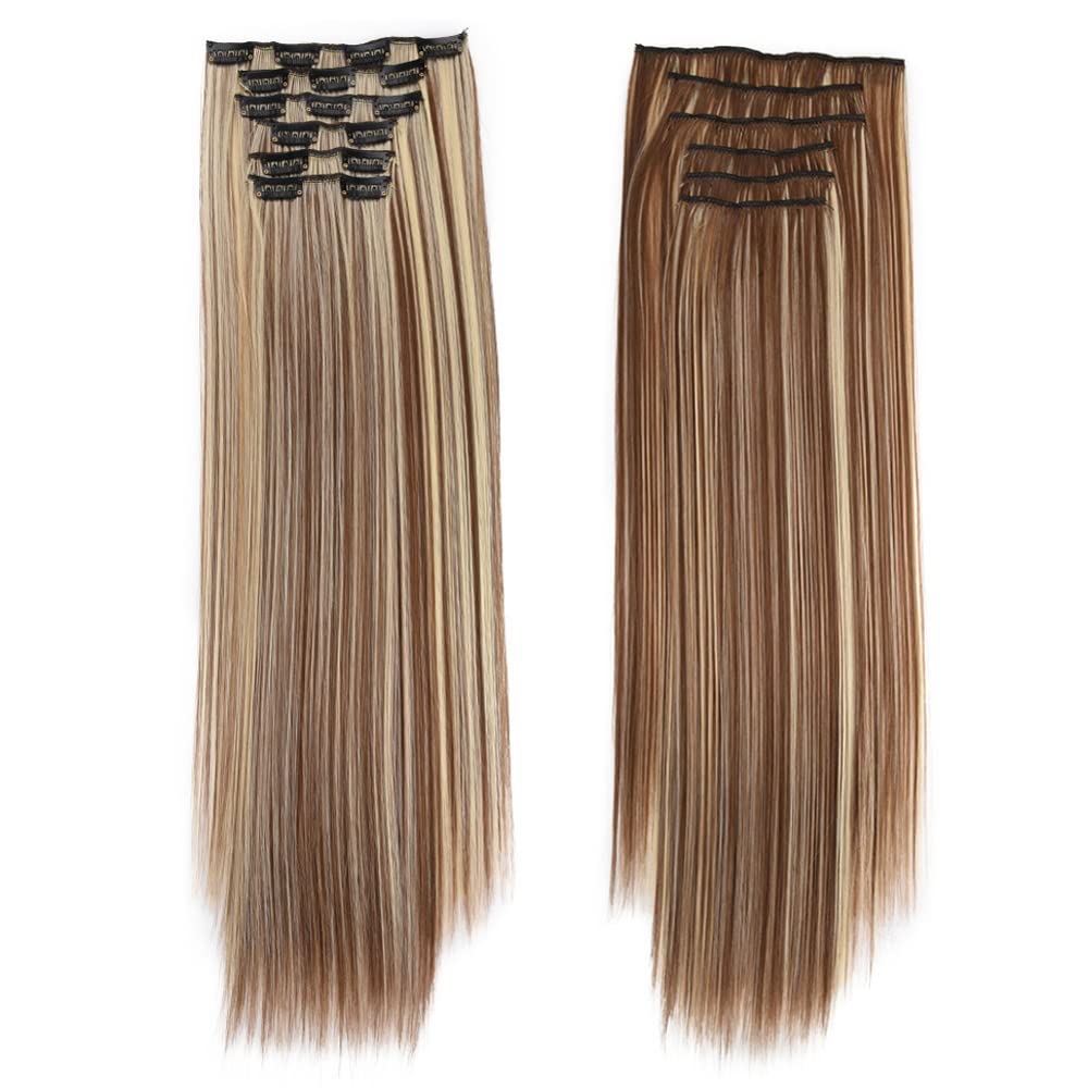 6Pcs Clip in Hair Extensions - 16 Clips Straight Synthetic Hairpiece 22 Inch Double Weft - Chestnut Brown & Bleach Blonde #6/613 - Perfect for Daily Styling, Parties & Special Occasions