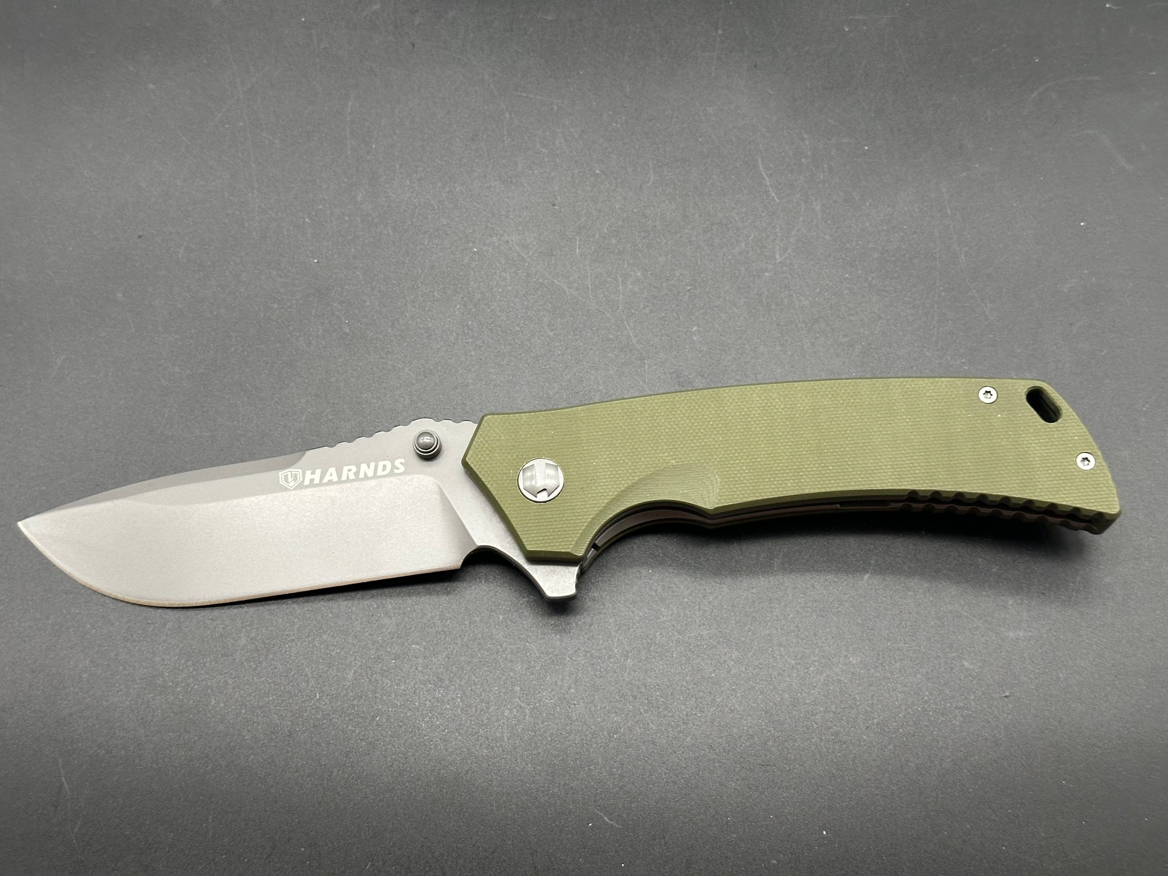 HARNDS Warrior Folding Knife - D2 Steel Blade, Green G10 Handle, Plain Edge - EDC Pocket Knife for Camping, Hiking & Outdoor Survival